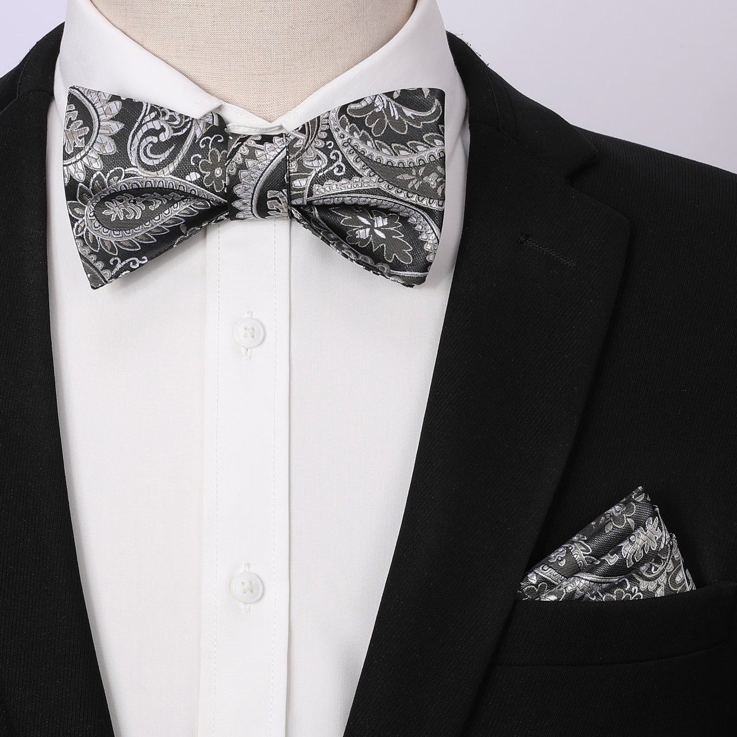 Hisdern Deep Grey Paisley Bow Tie Set For Evening Wear