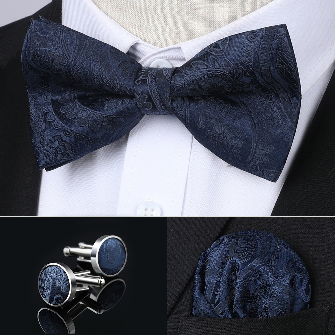 Hisdern Vintage Navy Blue Paisley Pre-Tied Bow Tie Handkerchief with Cufflinks