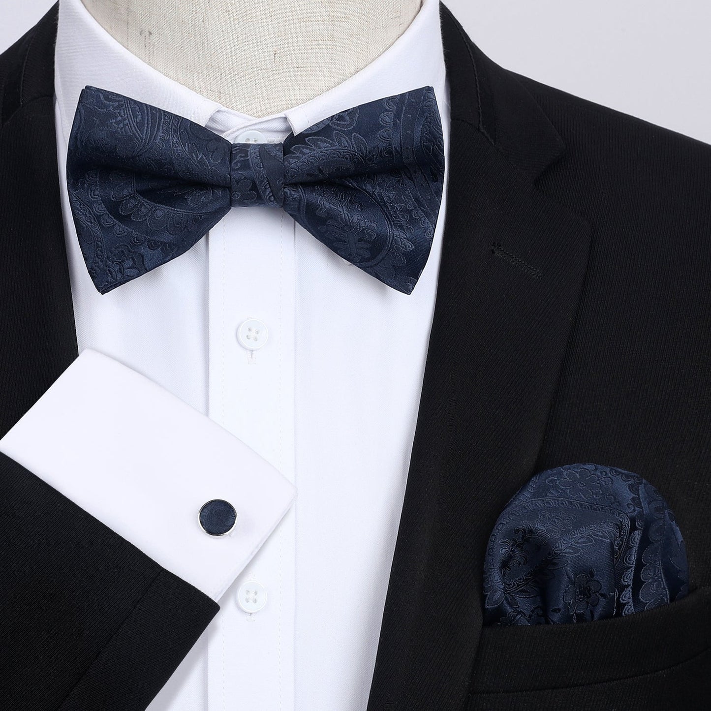 Hisdern Vintage Navy Blue Paisley Pre-Tied Bow Tie Handkerchief with Cufflinks