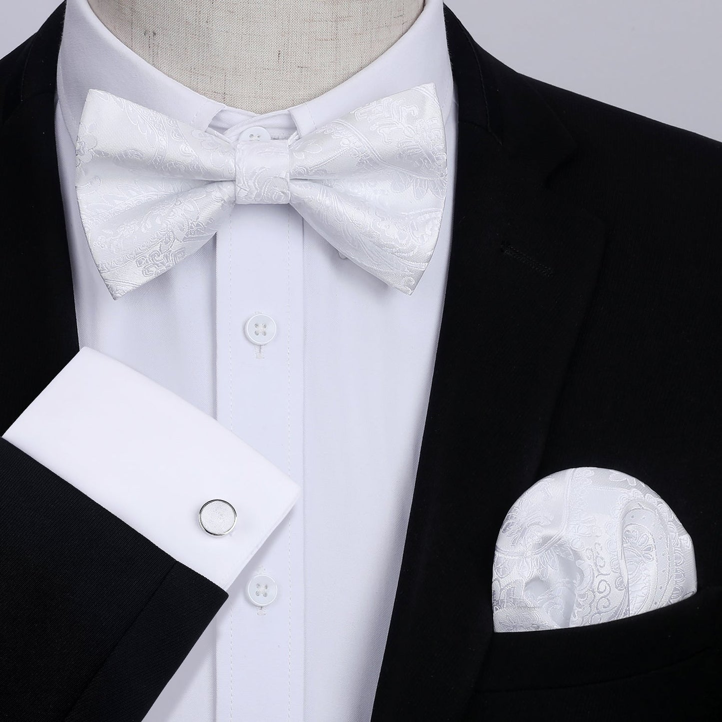 Hisdern White Paisley Pre-Tied Bow Tie Handkerchief with Cufflinks
