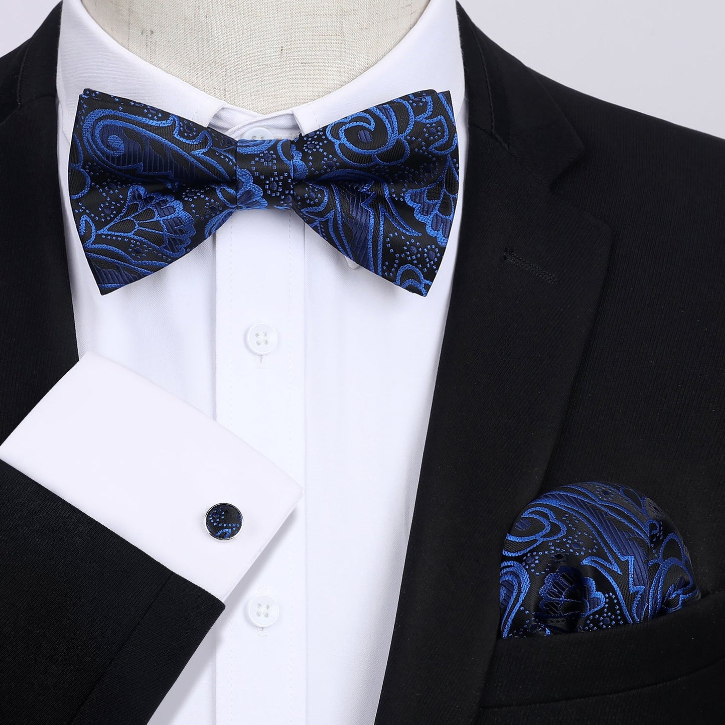 Hisdern Navy Blue Paisley Pre-Tied Bow Tie Handkerchief with Cufflinks