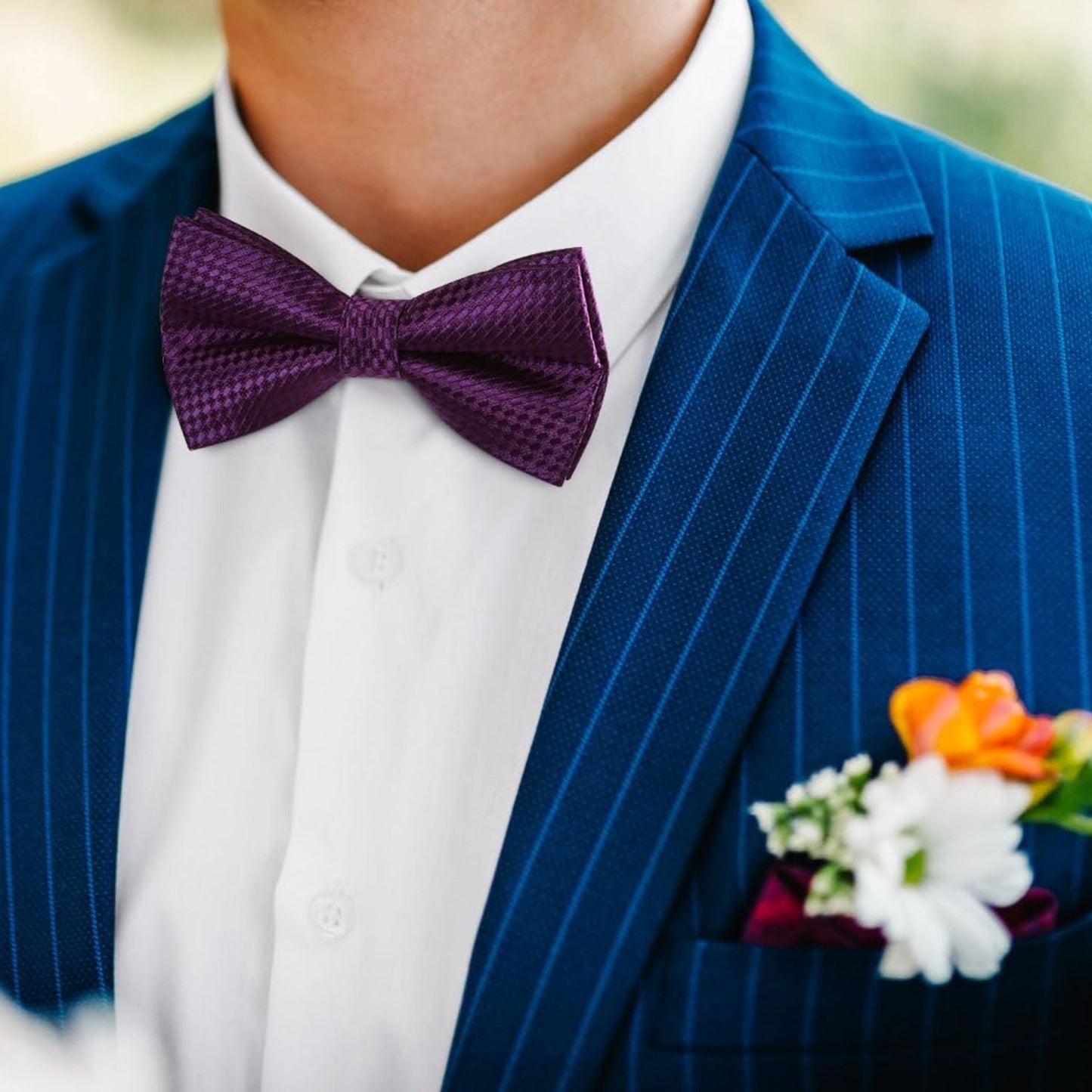 Hisdern Purple Plaid Pre-Tied Bow Tie Accessories Set For Evening Wear
