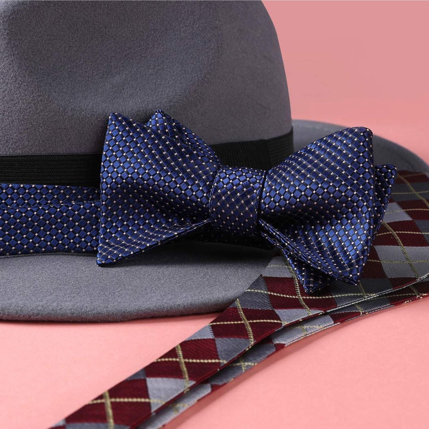 Hisdern Blue Pink Plaid Bow Tie Set For Special Occasions