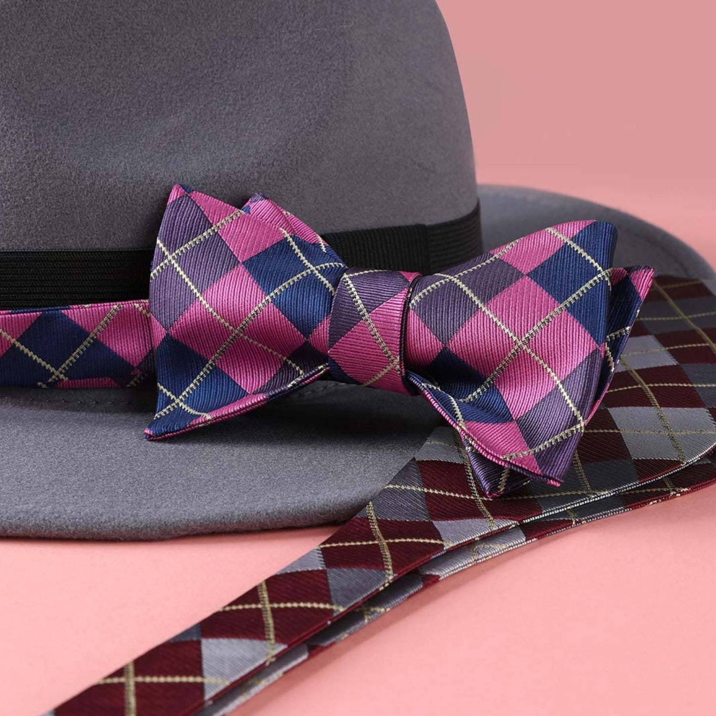 Hisdern Navy Blue Pink Plaid Bow Tie Set For Special Occasions