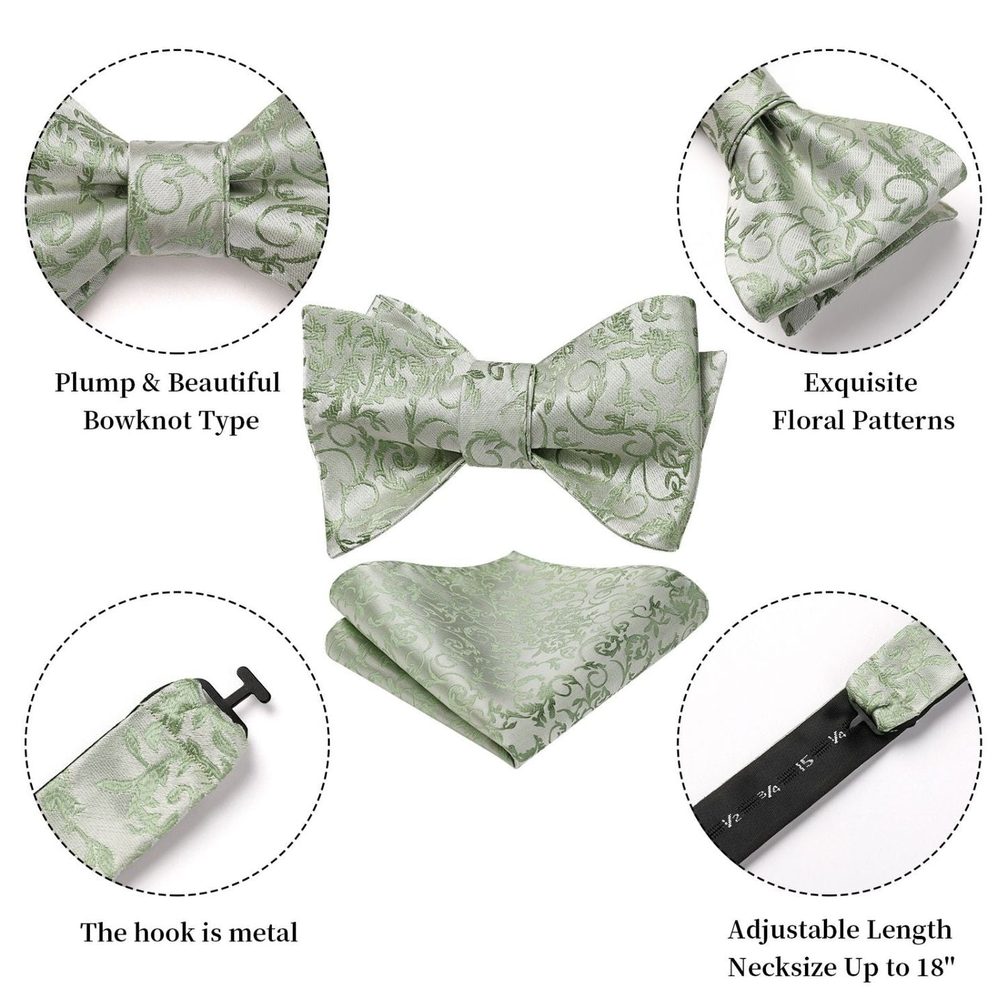 Hisdern Sage Green Floral Bow Tie Accessories Set For Evening Wear