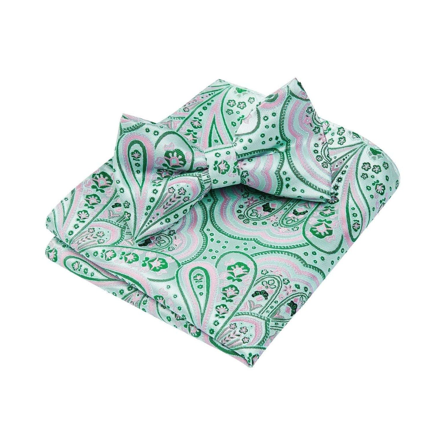 Hisdern Pink Green Paisley Pre-Tied Bow Tie Set for Wedding