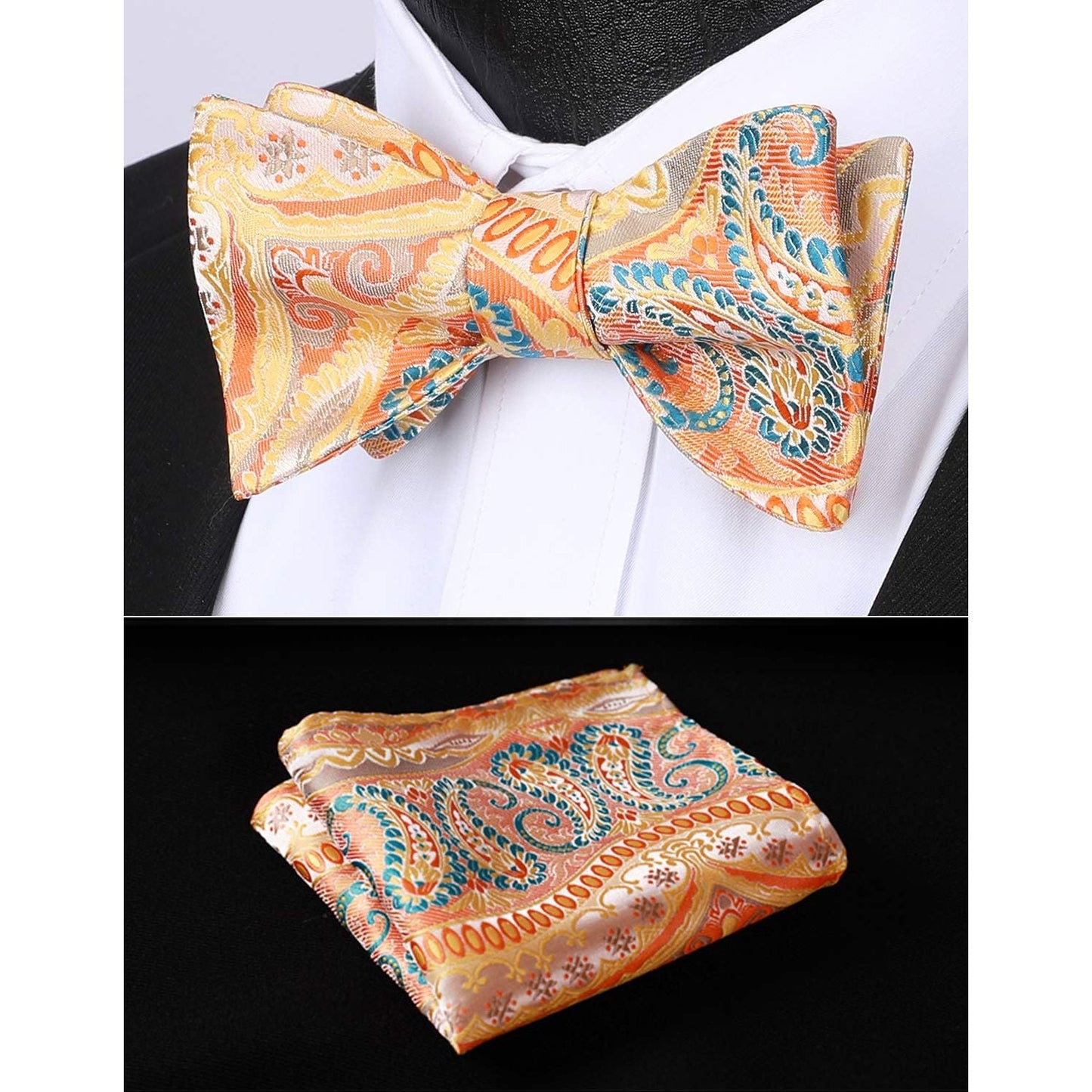 Hisdern Orange Paisley Bow Tie Set For Evening Wear