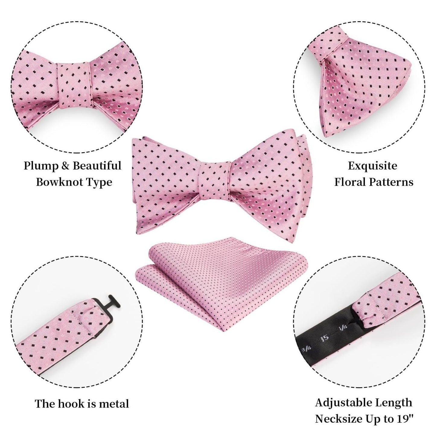 Hisdern Polka Dots Pink Black Bow Tie Set for Party Wedding
