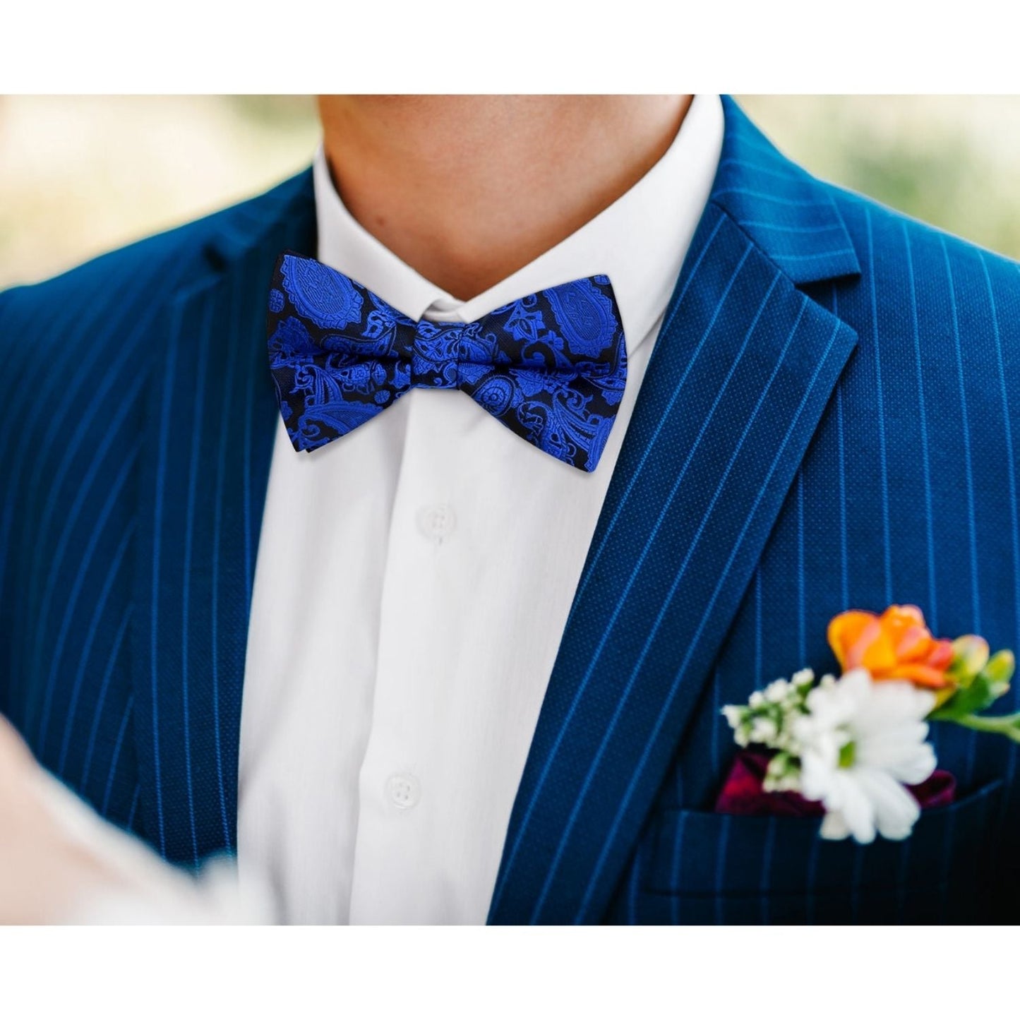 Hisdern Royal Blue Paisley Pre-Tied Bow Tie Set for Wedding