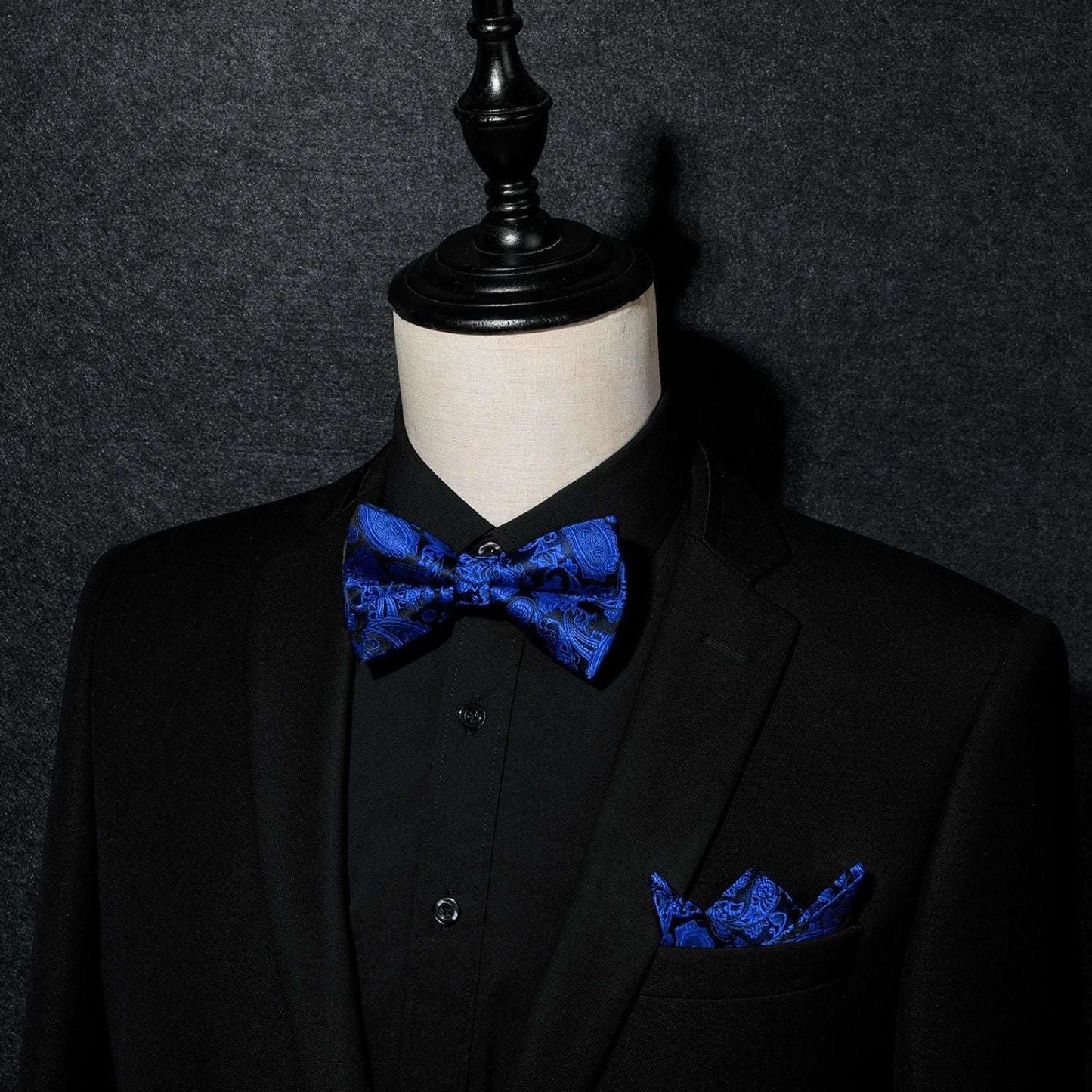 Hisdern Royal Blue Paisley Pre-Tied Bow Tie Set for Wedding