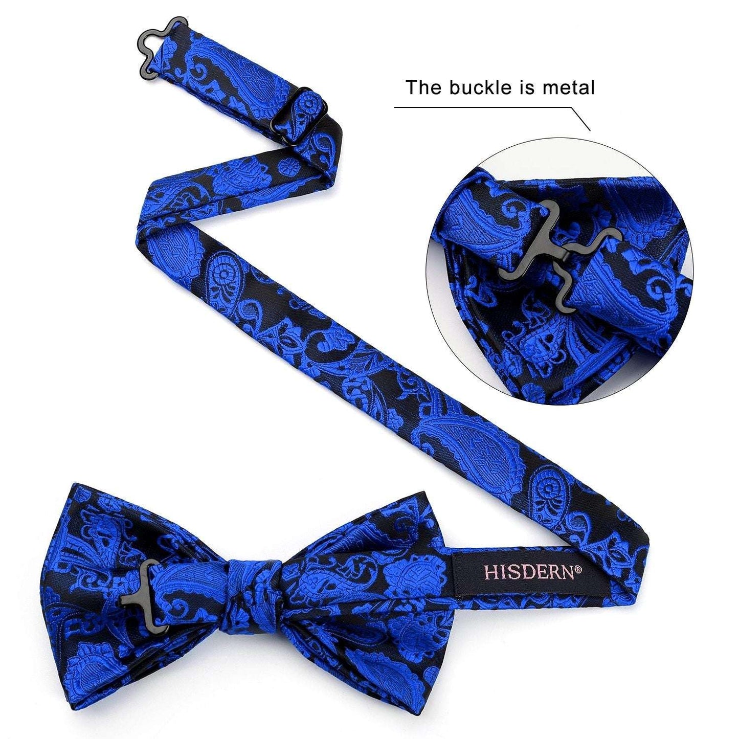 Hisdern Royal Blue Paisley Pre-Tied Bow Tie Set for Wedding