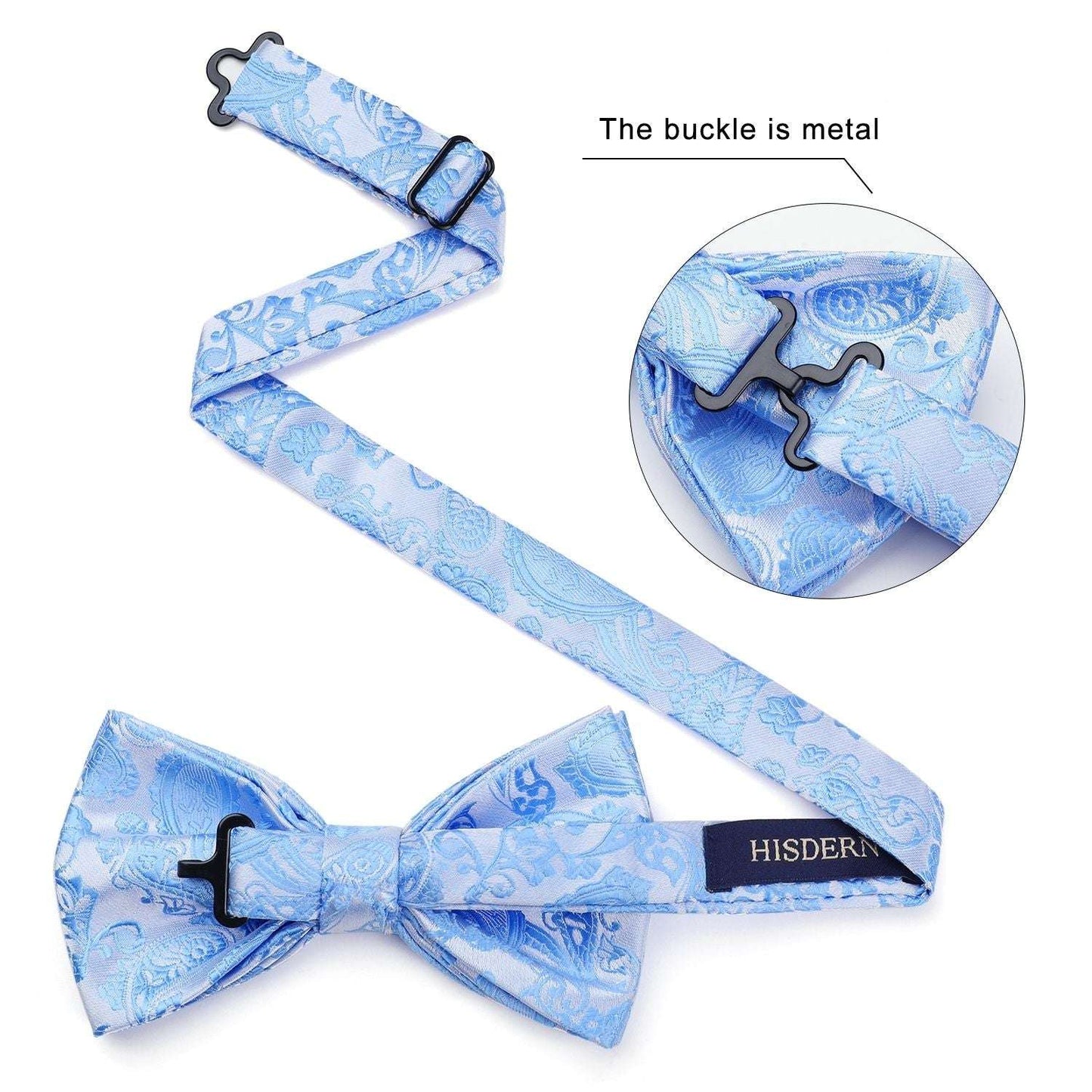 Hisdern Sky Blue Paisley Pre-Tied Bow Tie Set for Wedding