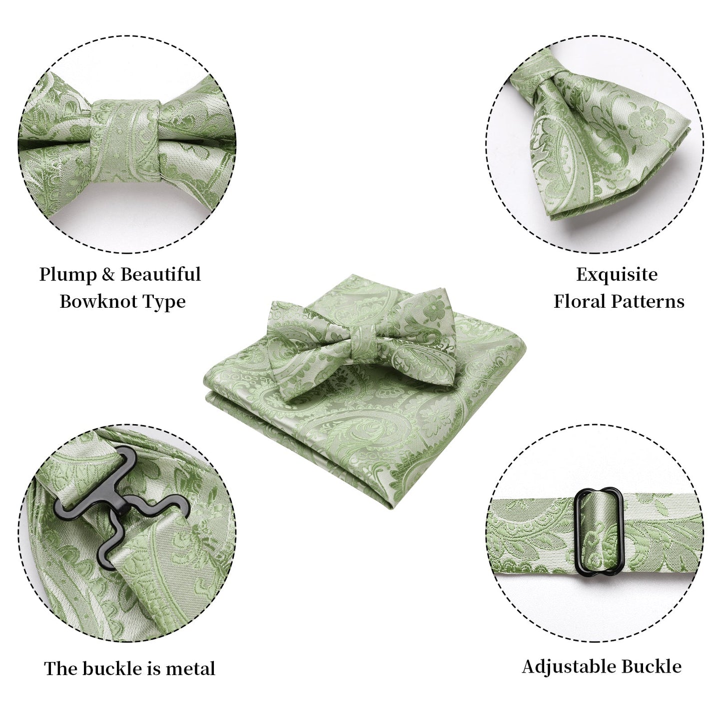 Hisdern Sage Green Floral Pre-Tied Bow Tie Accessories Set For Evening Wear