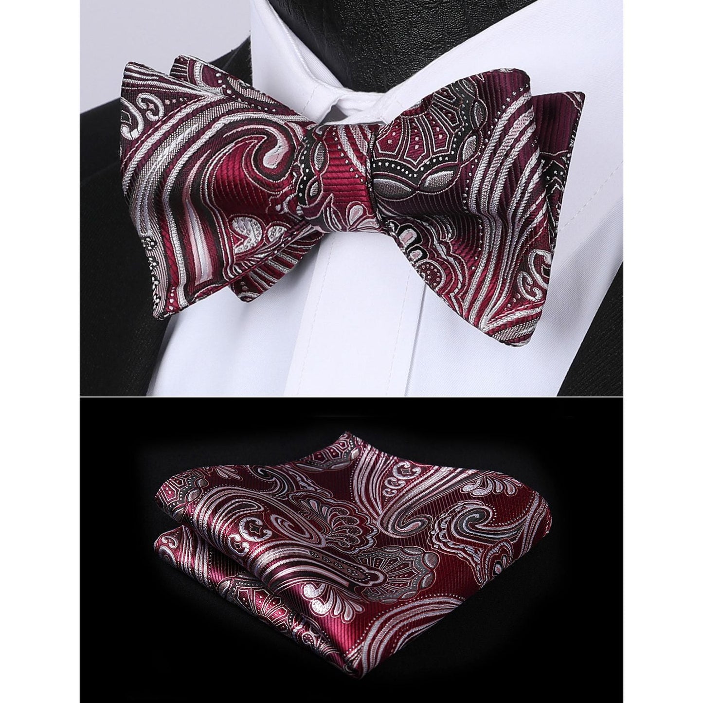 Hisdern Burgundy Grey Paisley Bow Tie Set For Evening Wear
