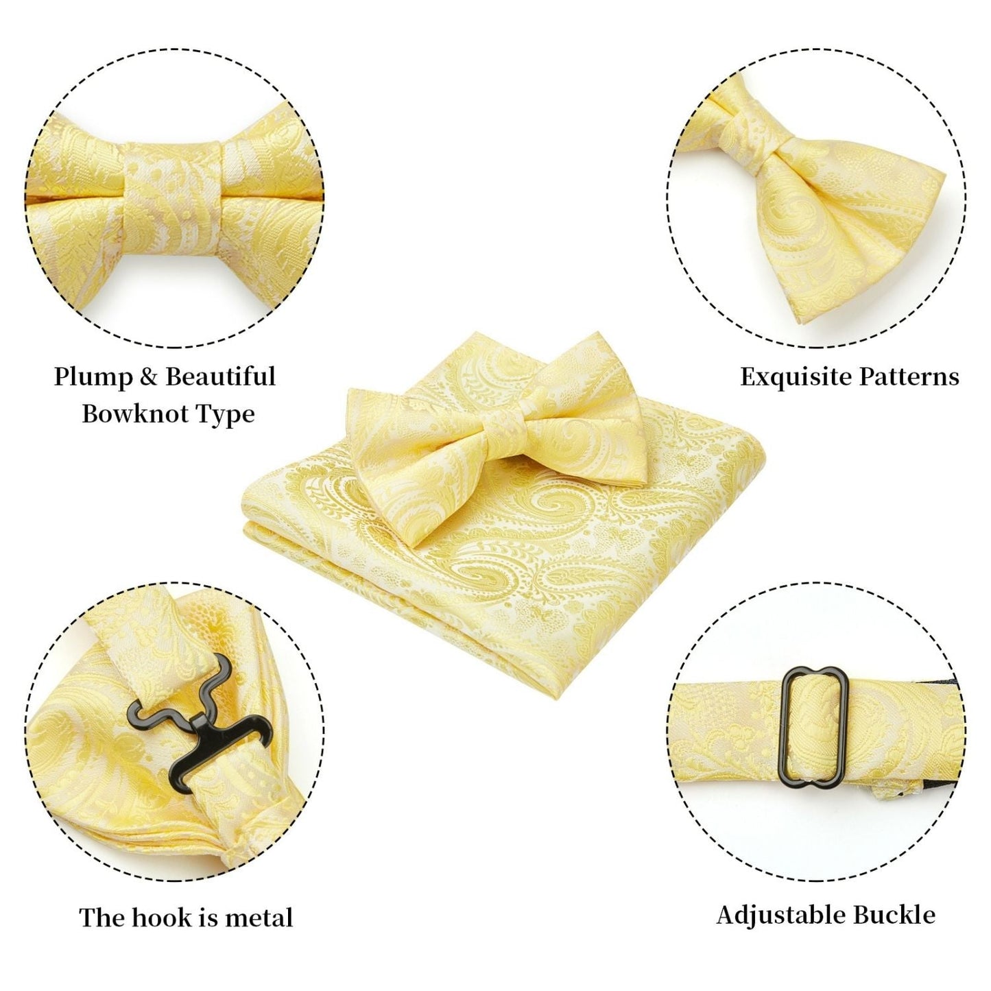 Hisdern Yellow Paisley Pre-Tied Bow Tie Set for Wedding