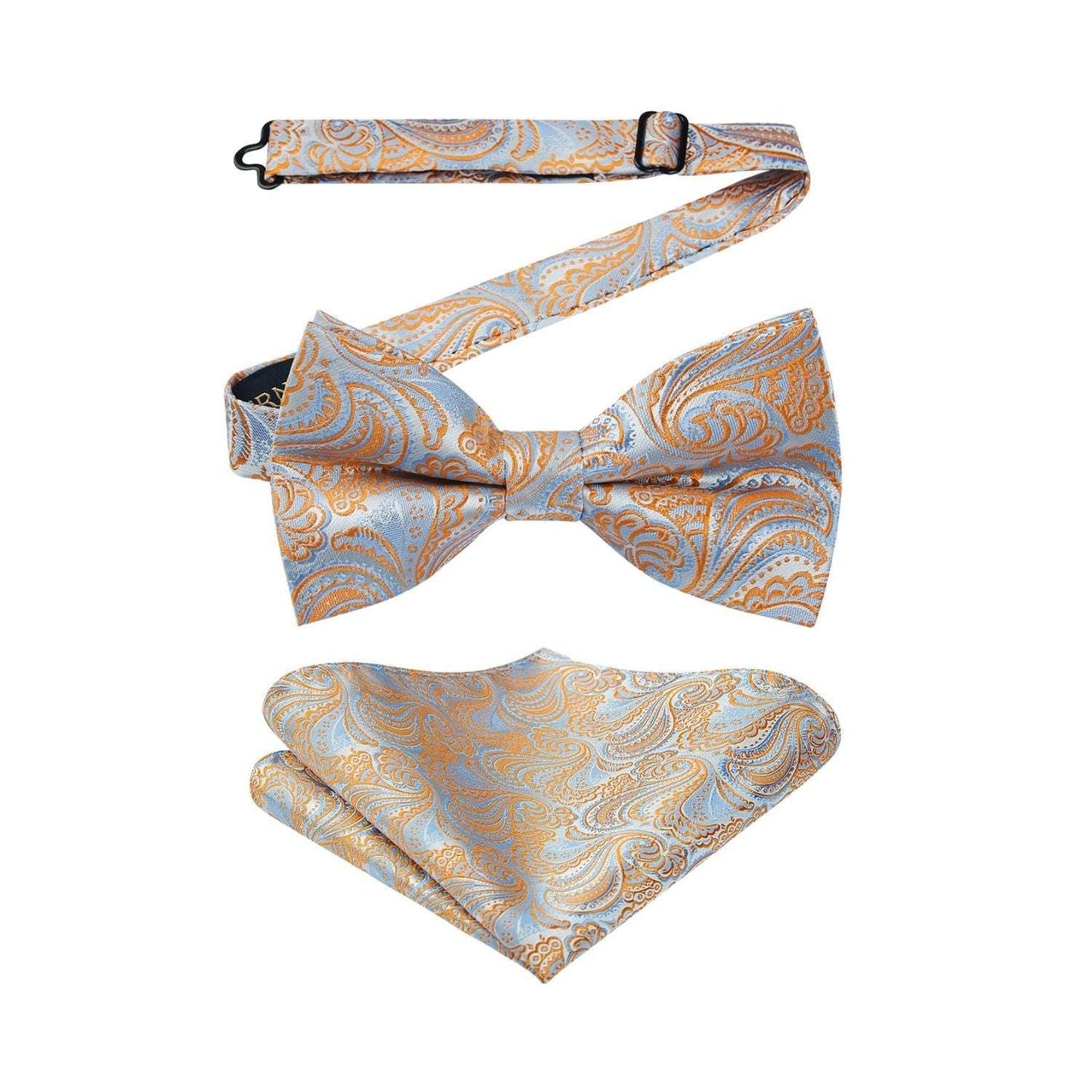 Hisdern Orange Blue Paisley Pre-Tied Bow Tie Set for Wedding