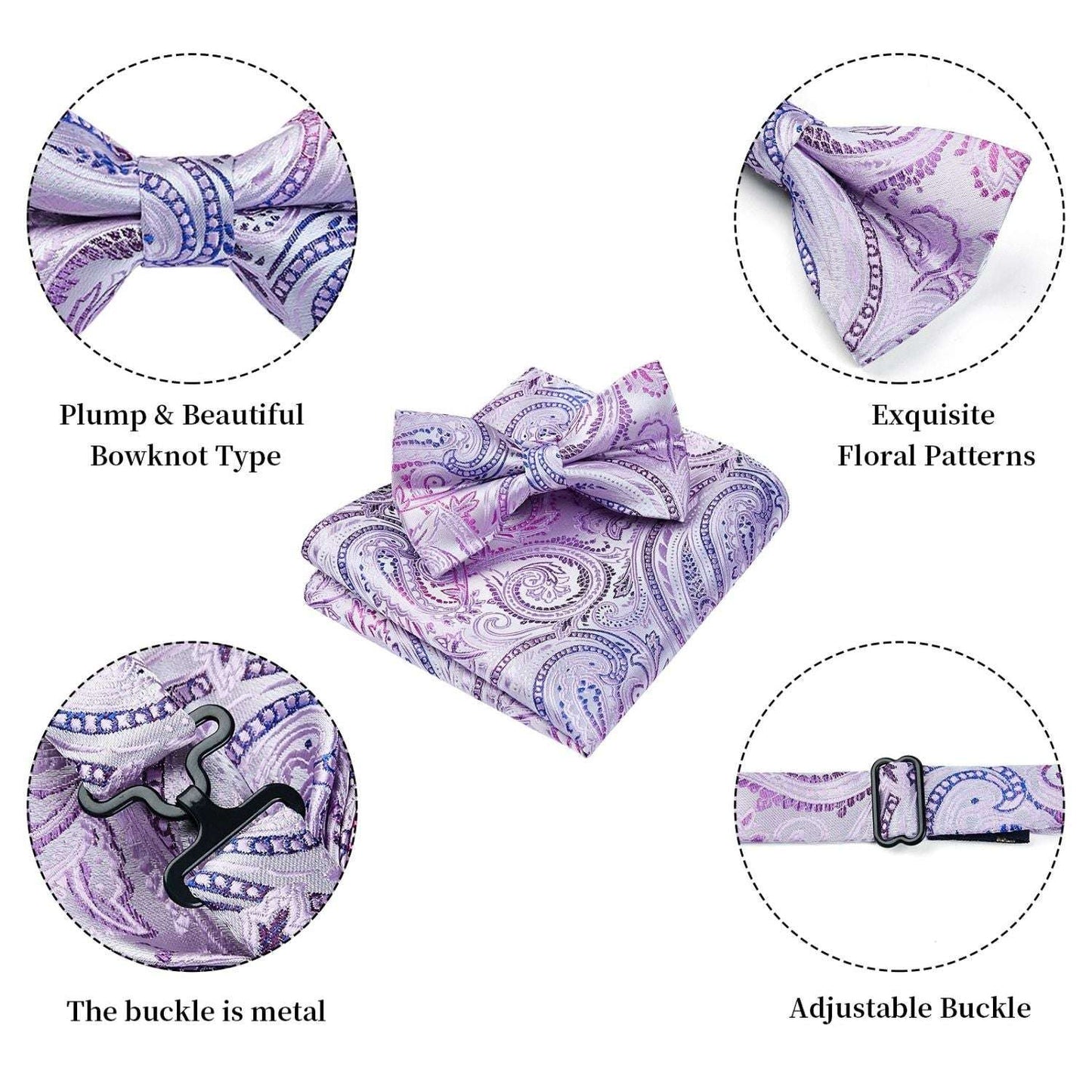 Hisdern Light Purple Paisley Pre-Tied Bow Tie Set for Wedding