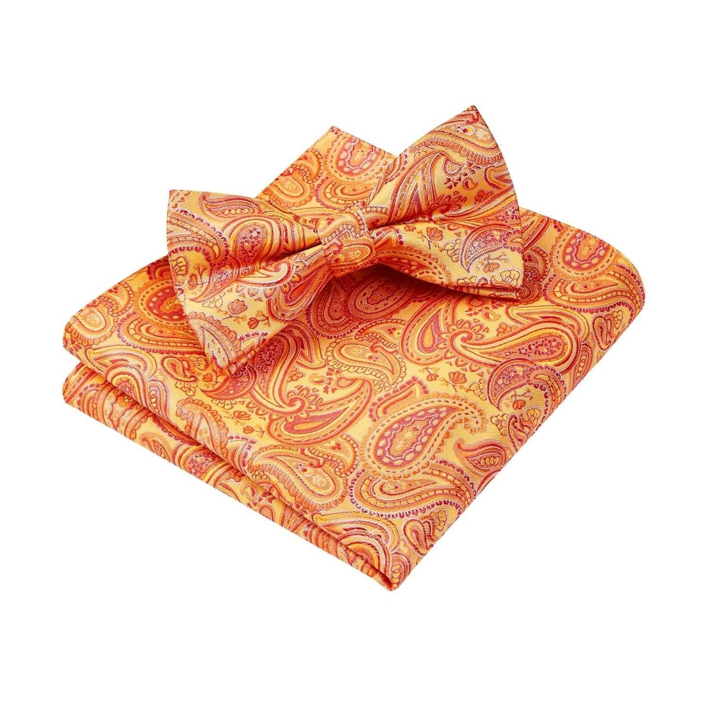 Hisdern Orange Paisley Pre-Tied Bow Tie Set for Wedding