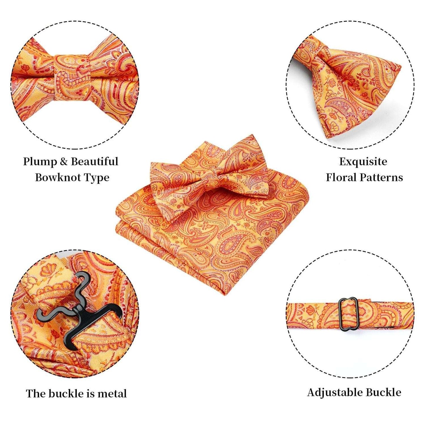 Hisdern Orange Paisley Pre-Tied Bow Tie Set for Wedding