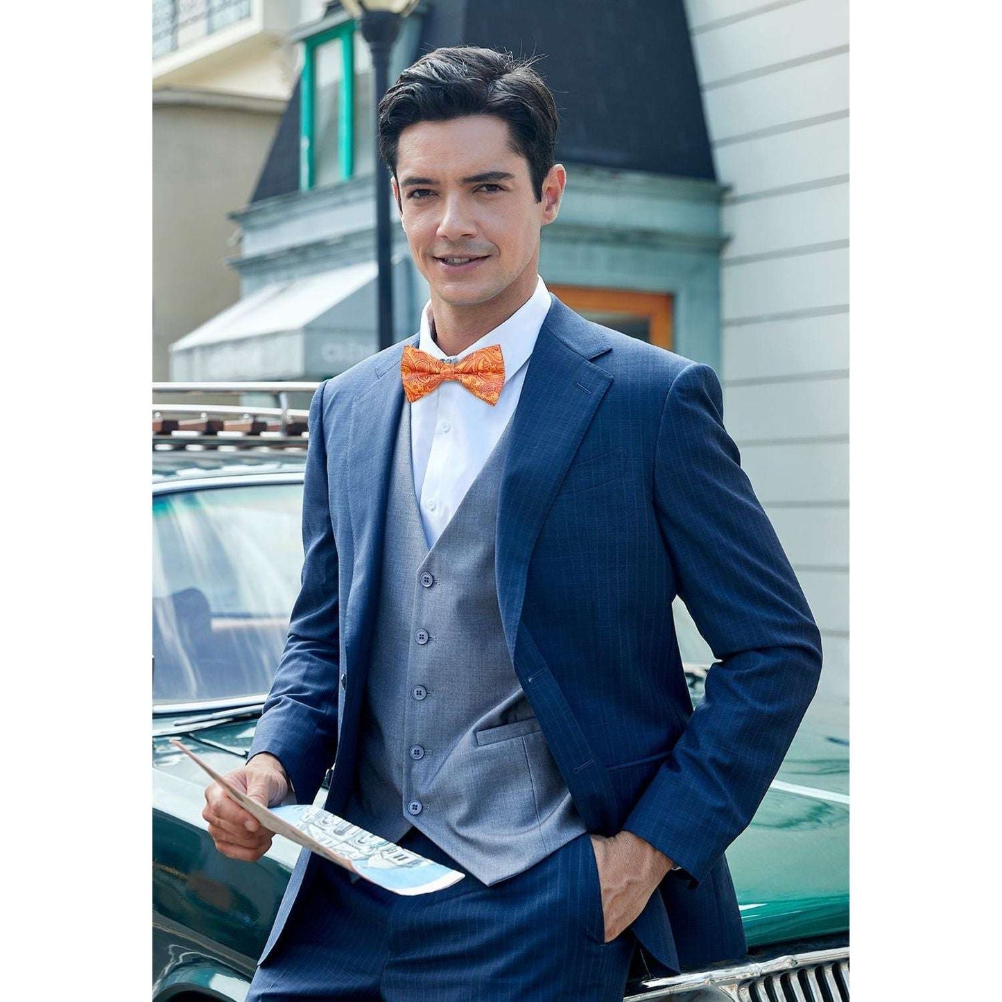 Hisdern Orange Paisley Pre-Tied Bow Tie Set for Wedding