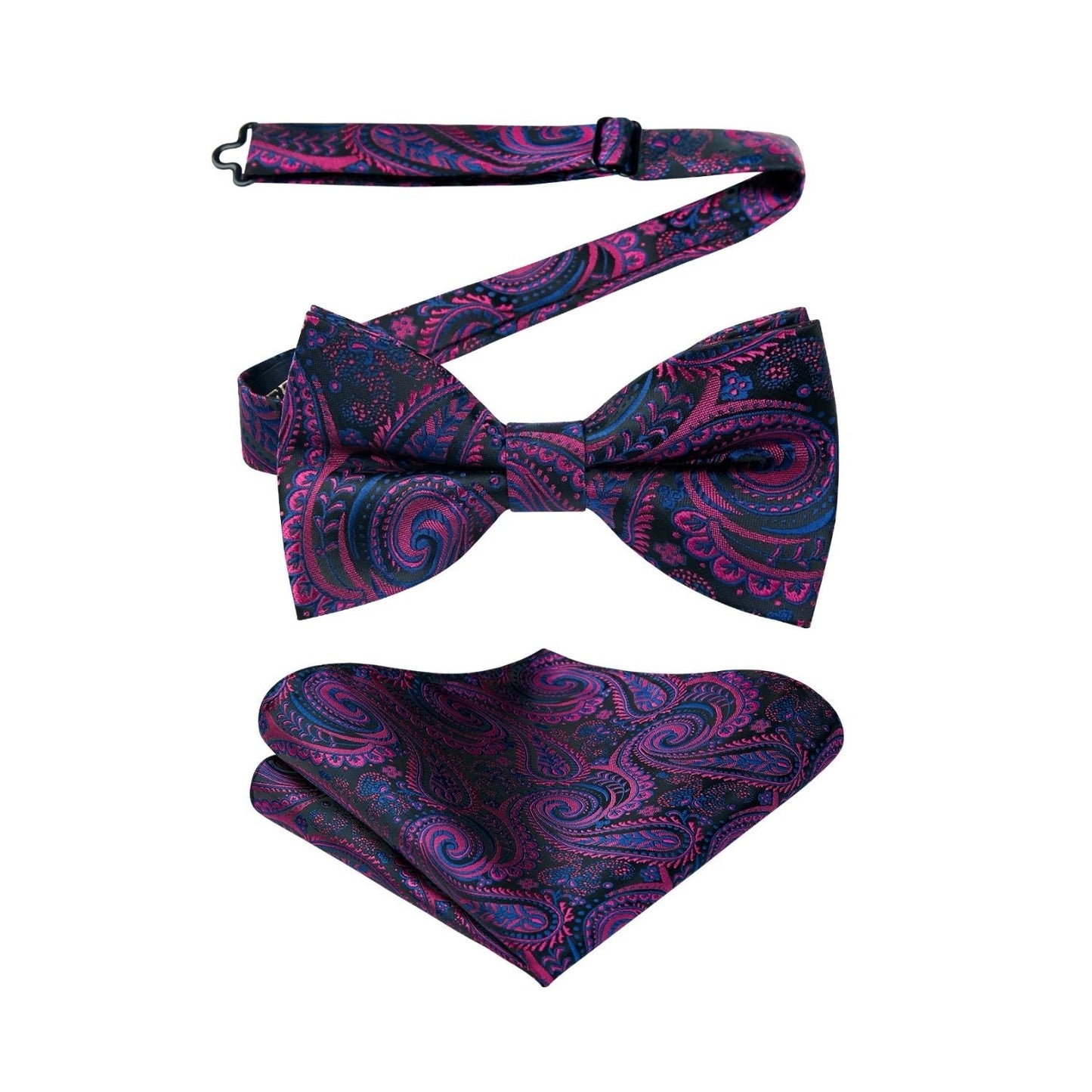 Hisdern Black Purple Paisley Pre-Tied Bow Tie Set for Wedding