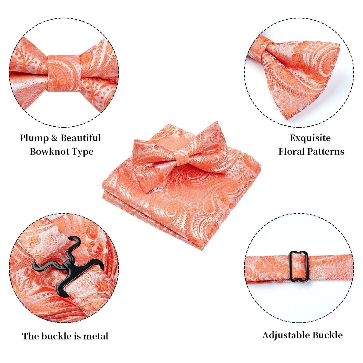Hisdern Orange Paisley Pre-Tied Bow Tie Set for Wedding