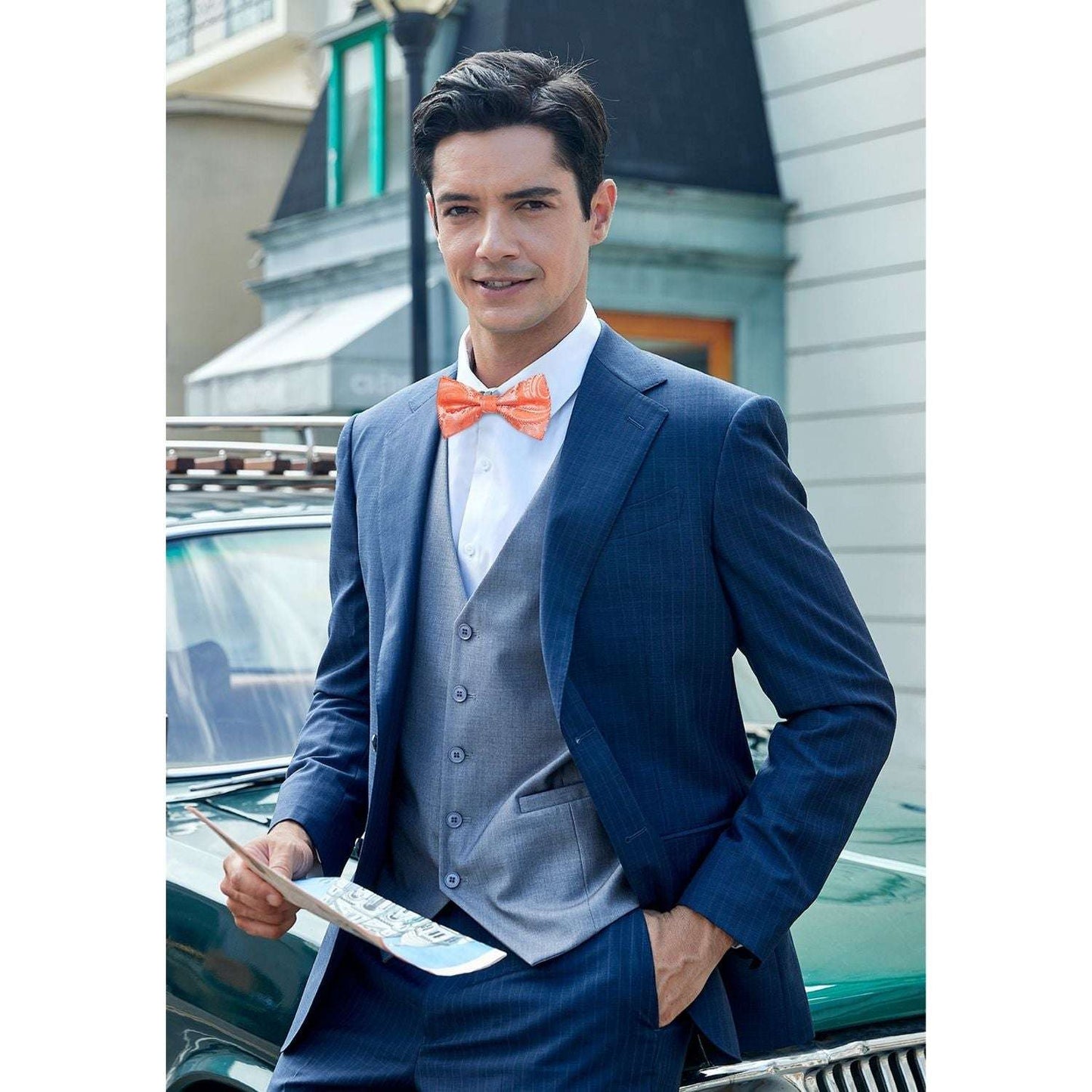 Hisdern Orange Paisley Pre-Tied Bow Tie Set for Wedding
