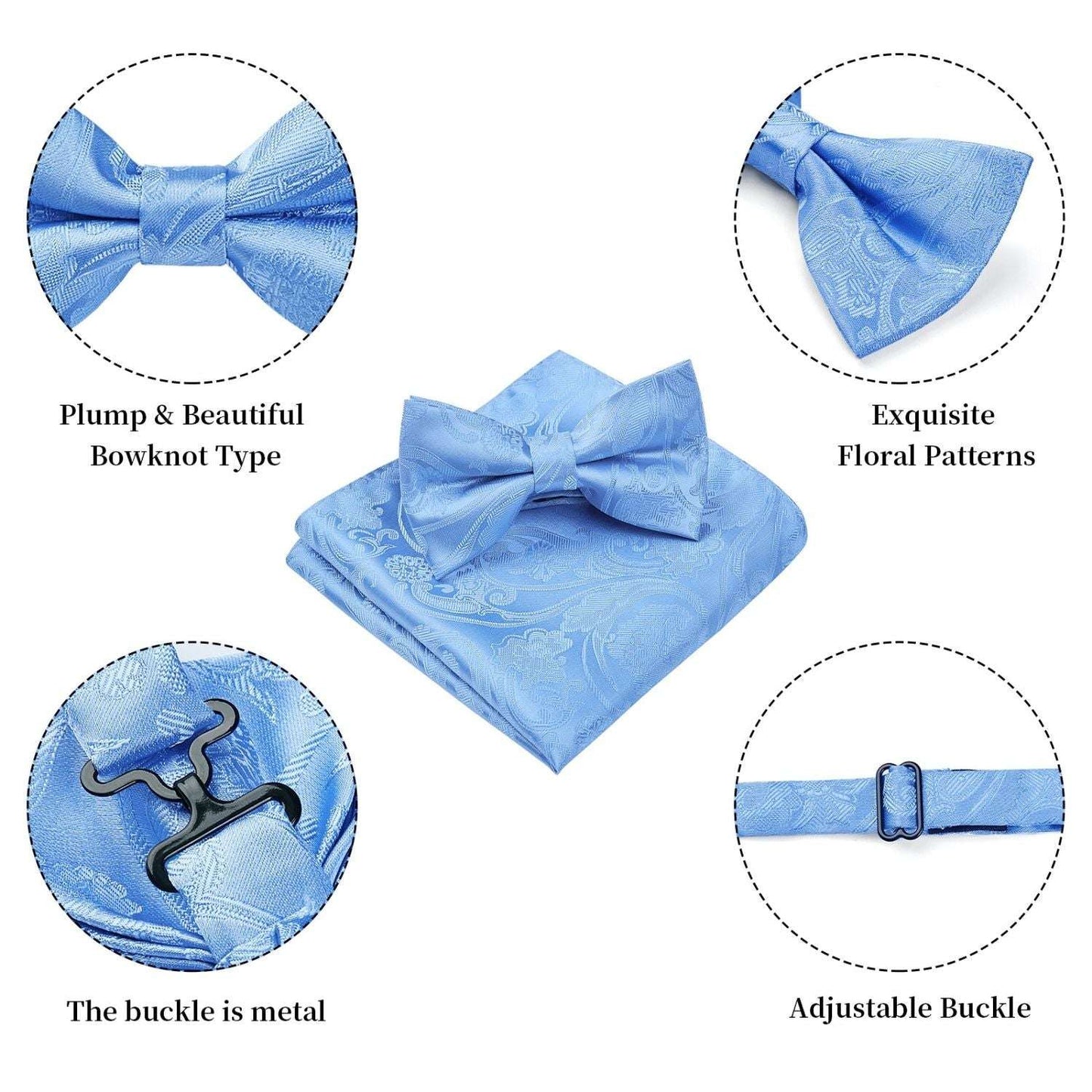 Hisdern Sky Blue Paisley Pre-Tied Bow Tie Set for Wedding