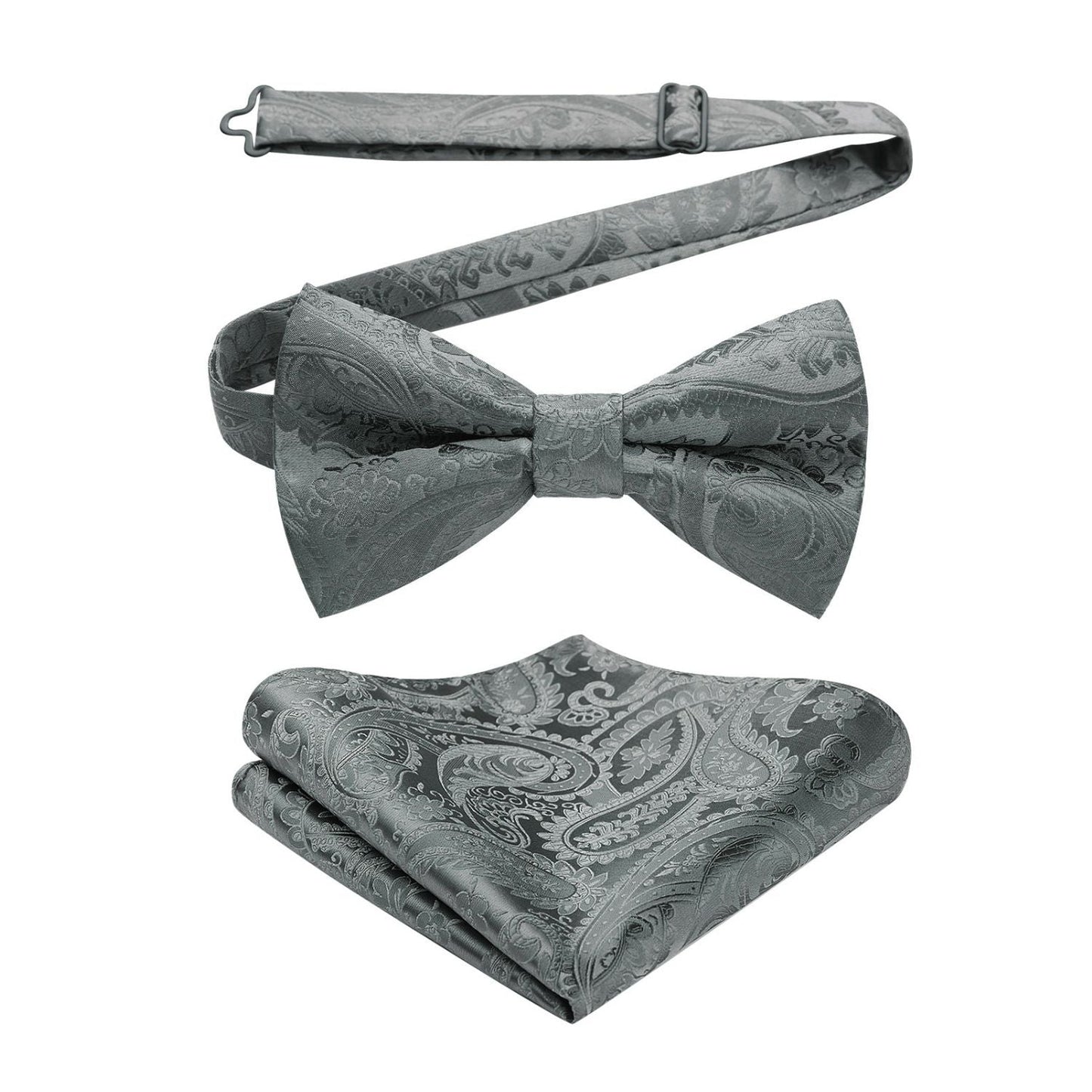 Hisdern Grey Paisley Pre-Tied Bow Tie Set for Wedding