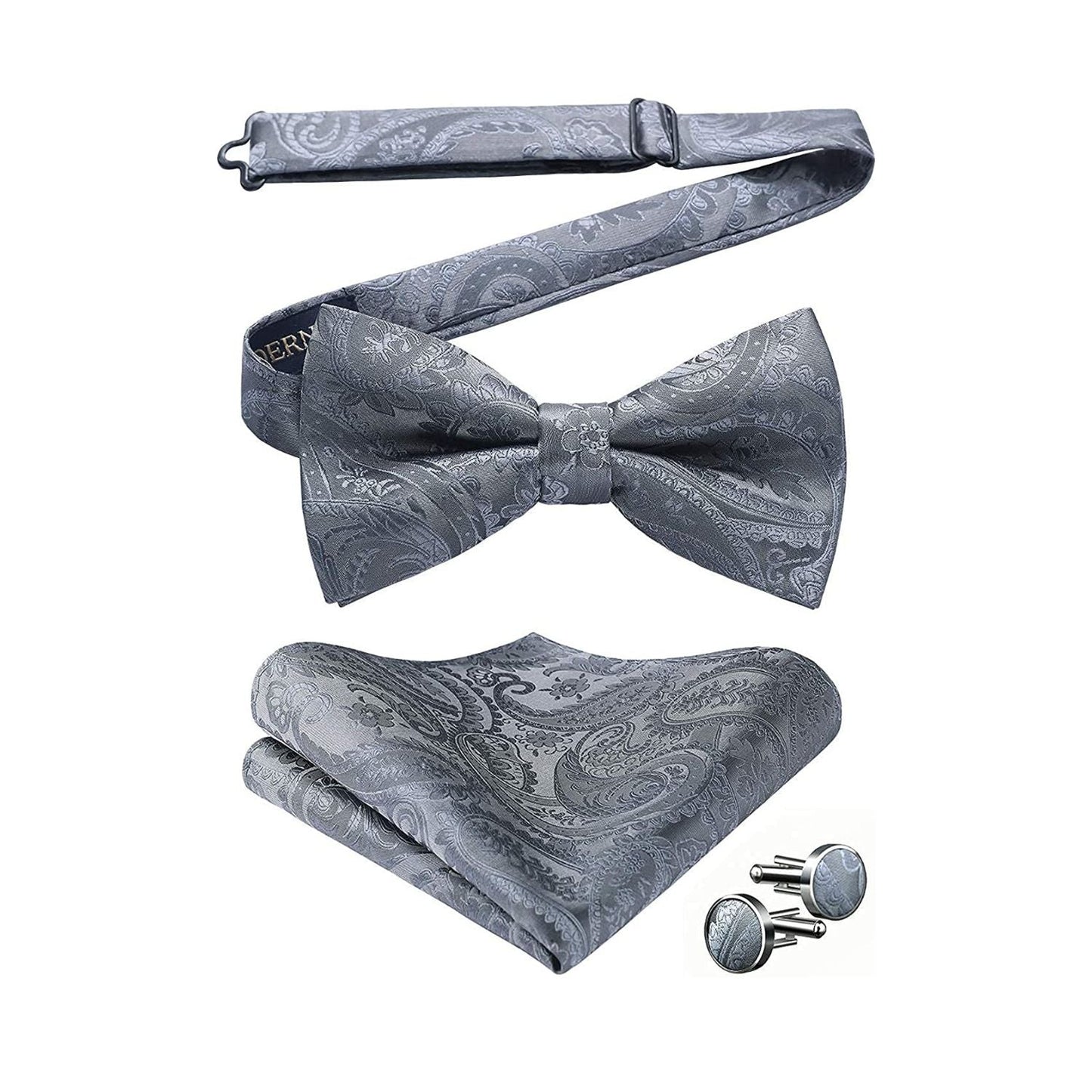 Hisdern Grey Paisley Pre-Tied Bow Tie Handkerchief with Cufflinks
