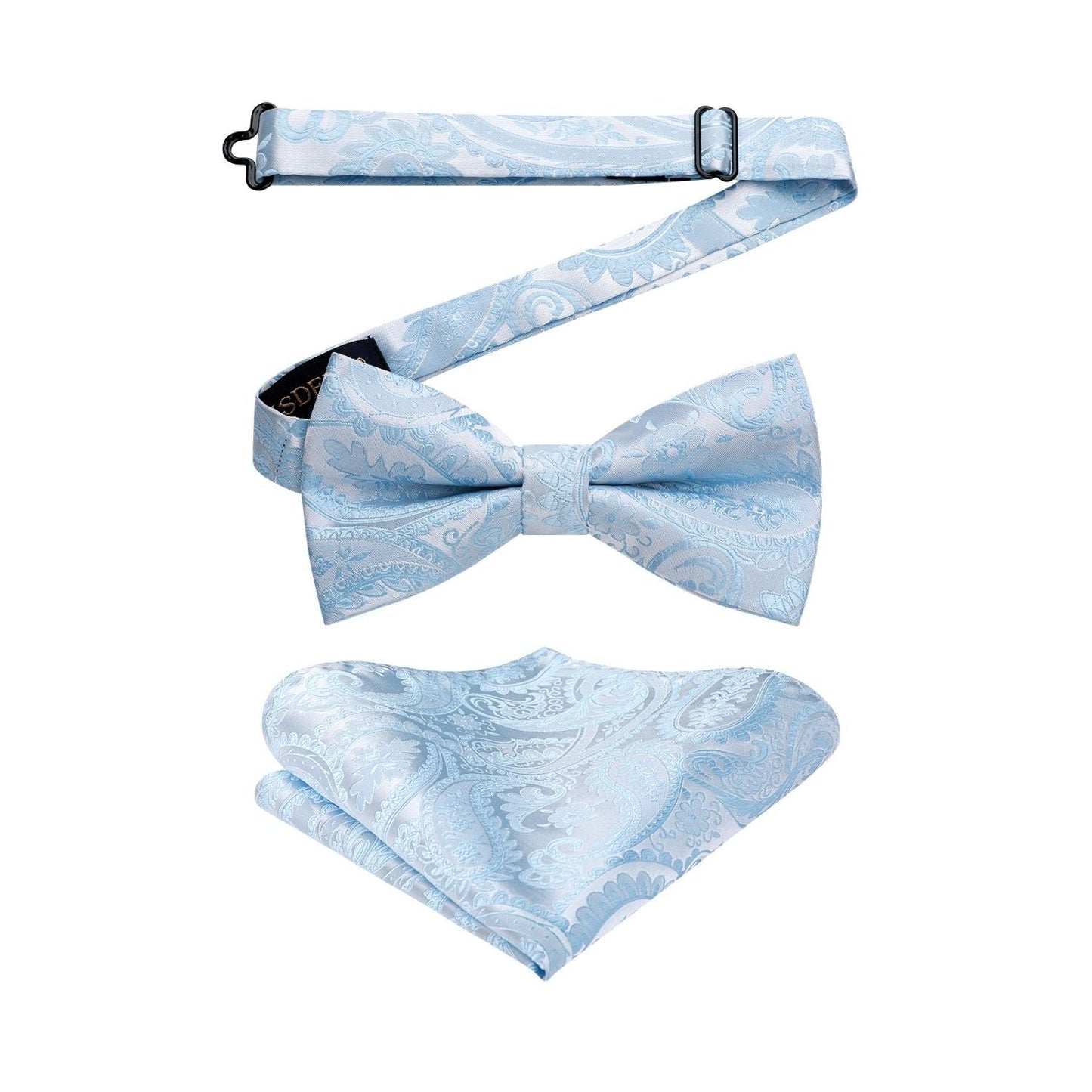 Hisdern Light Blue Paisley Pre-Tied Bow Tie Set for Wedding