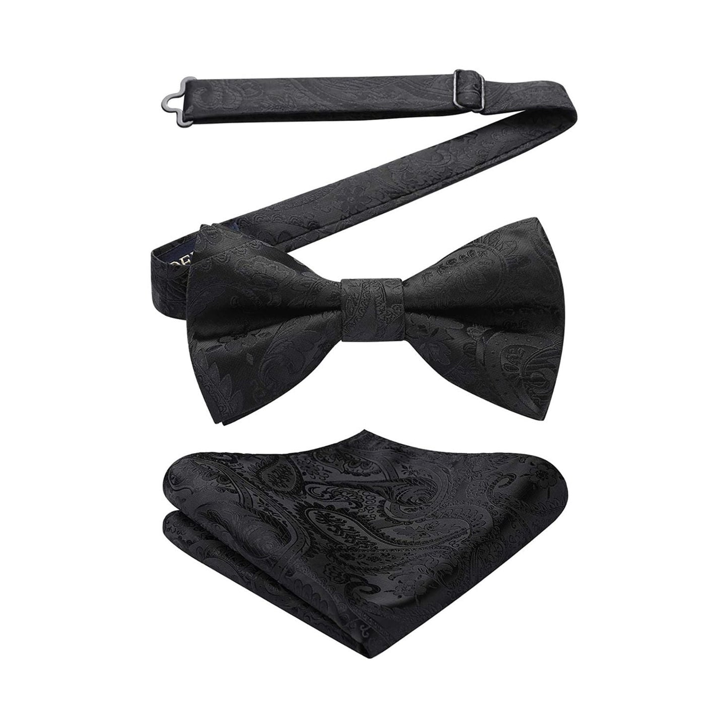 Hisdern Black Paisley Pre-Tied Bow Tie Set for Wedding