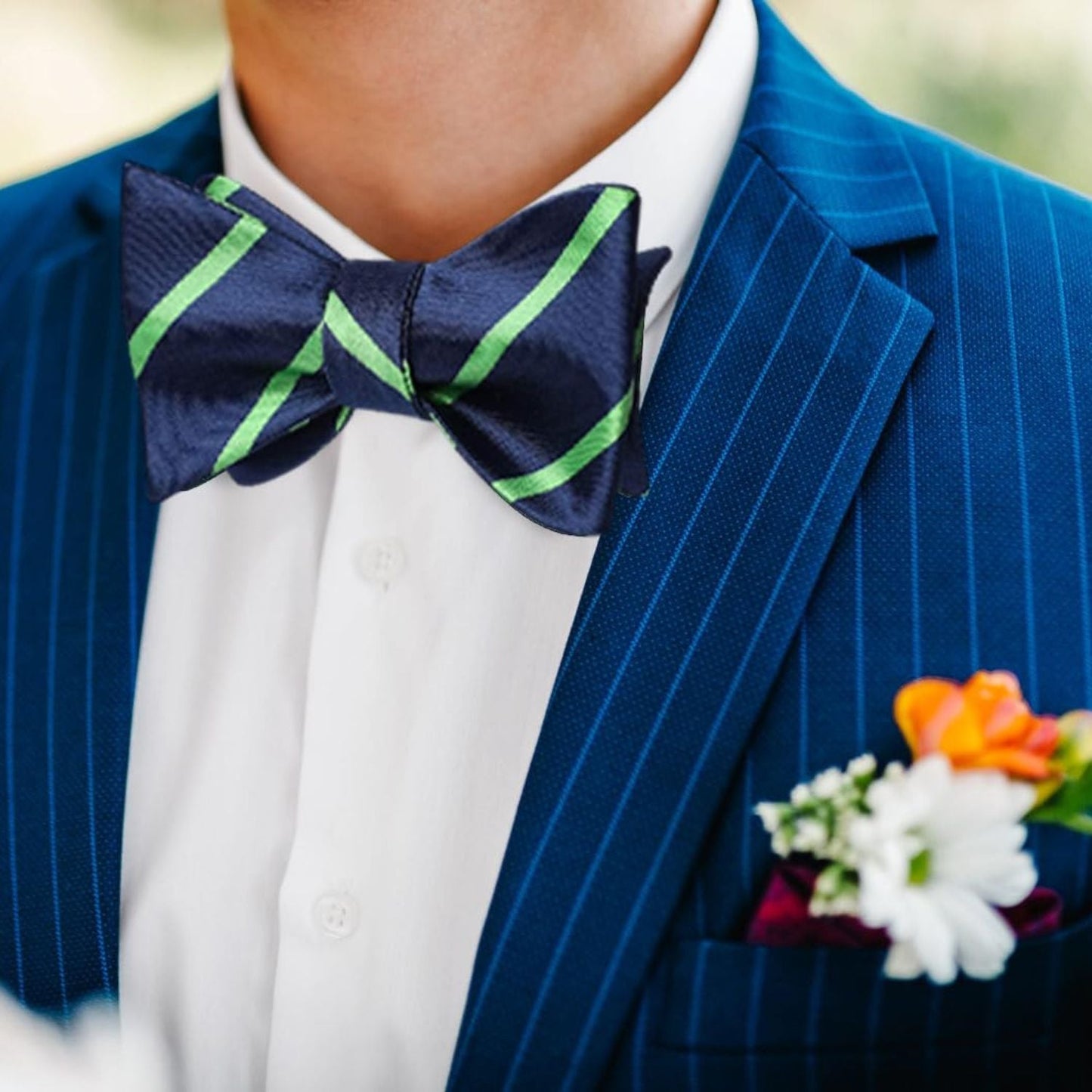 Hisdern Green Blue Striped Bow Tie Accessories Set For Evening Wear