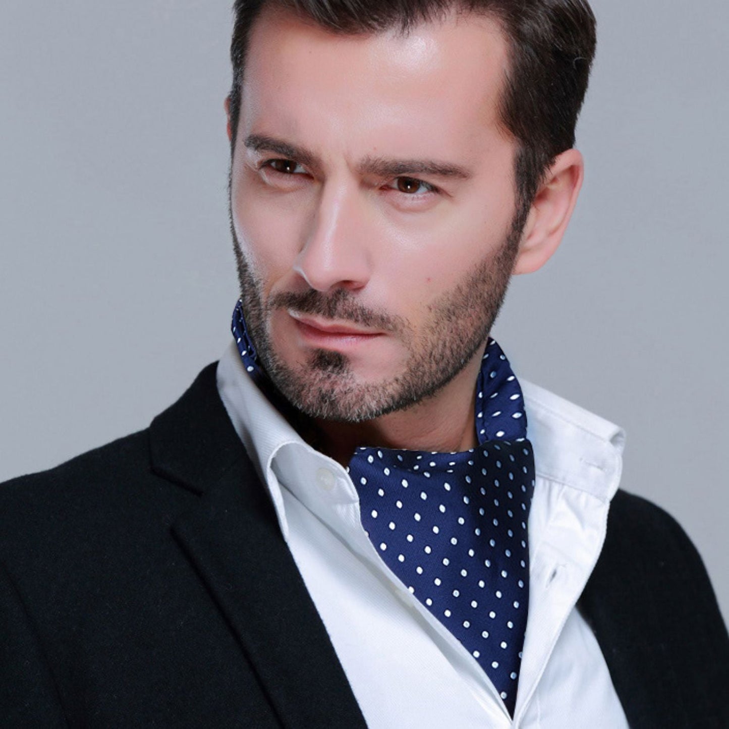 Hisdern Polka Dot Ascot Navy Blue Cravat for Men Vintage Style Neckwear