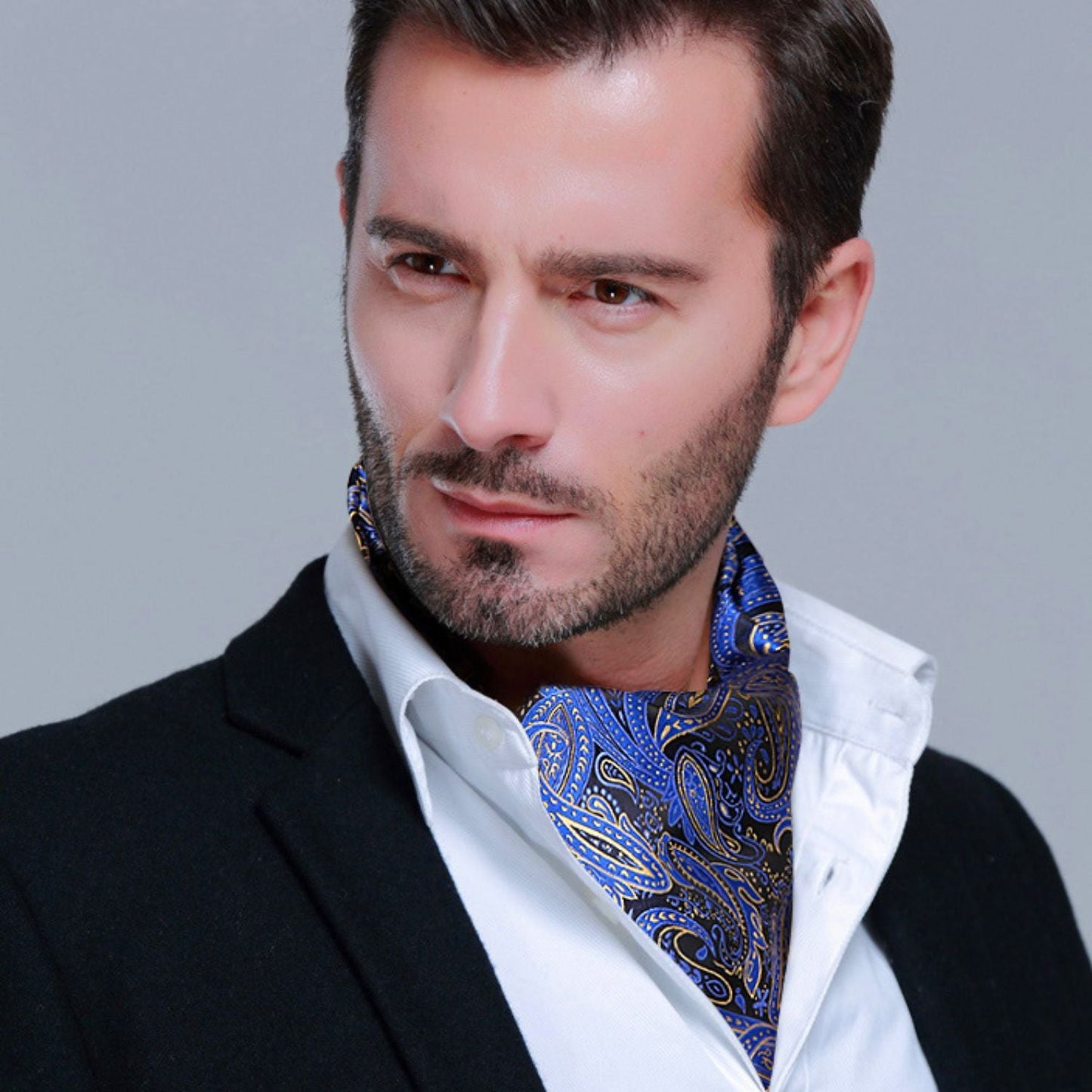 Hisdern Paisley Ascot Cravat for Men Blue Beige Formal Neckwear