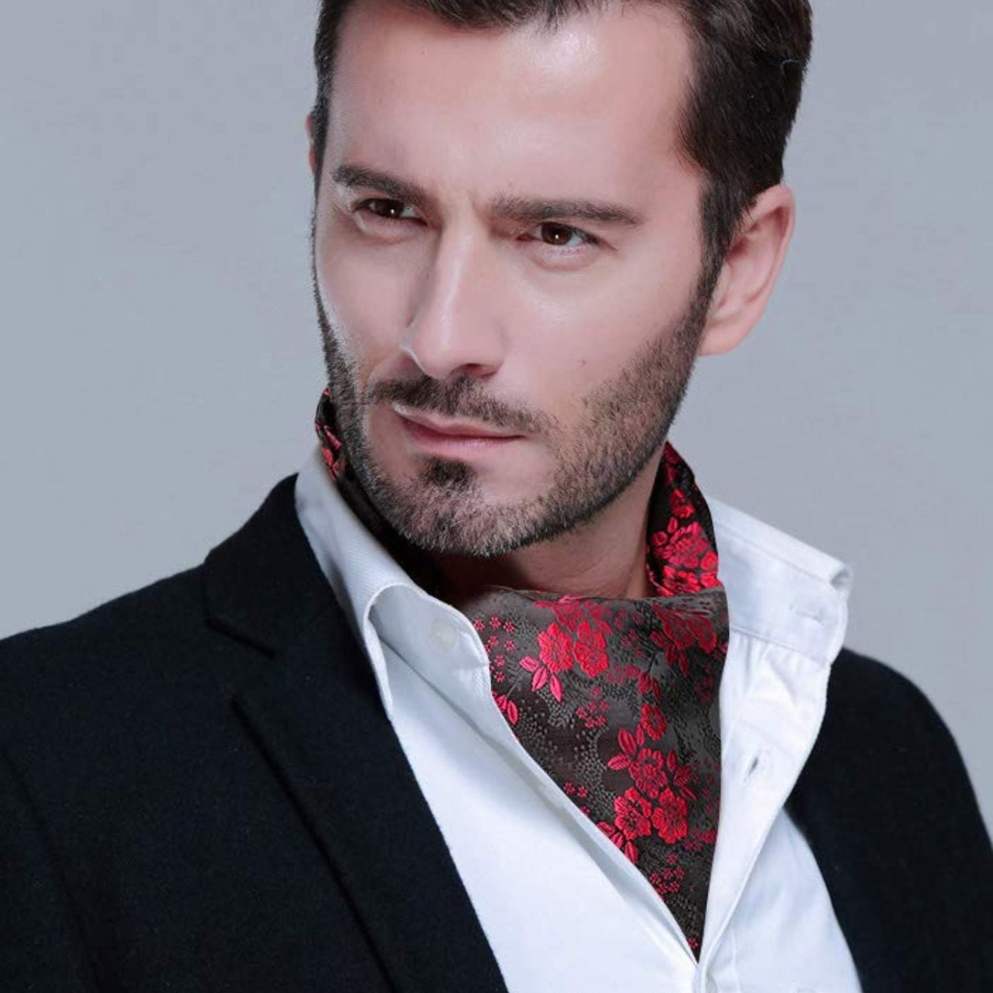 Hisdern Floral Red Black Ascot Cravat for Men Wedding Formal