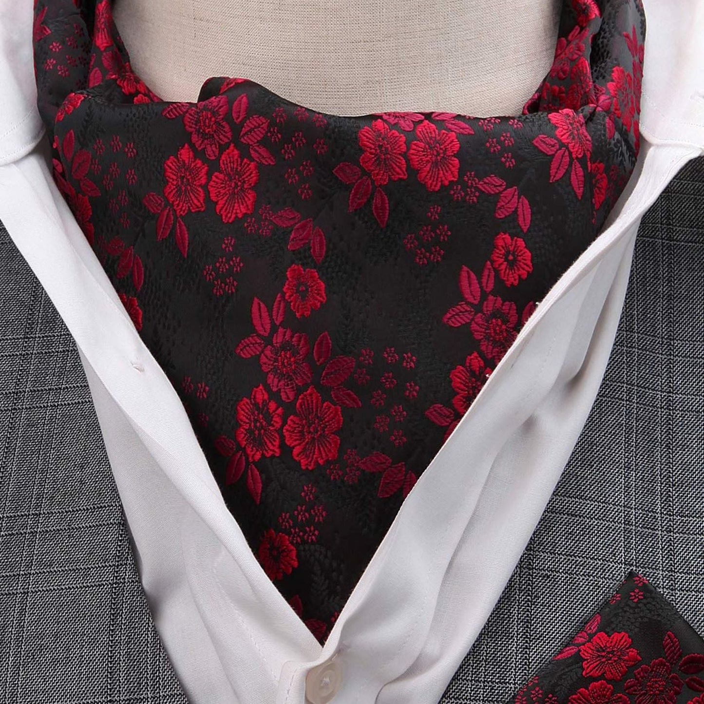 Hisdern Floral Red Black Ascot Cravat for Men Wedding Formal