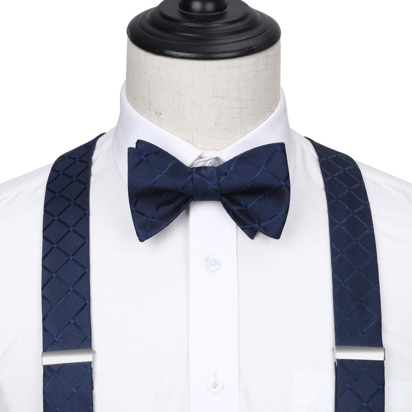 Hisdern Plaid Suspenders Bow Tie Set Navy Blue Pattern Accessories
