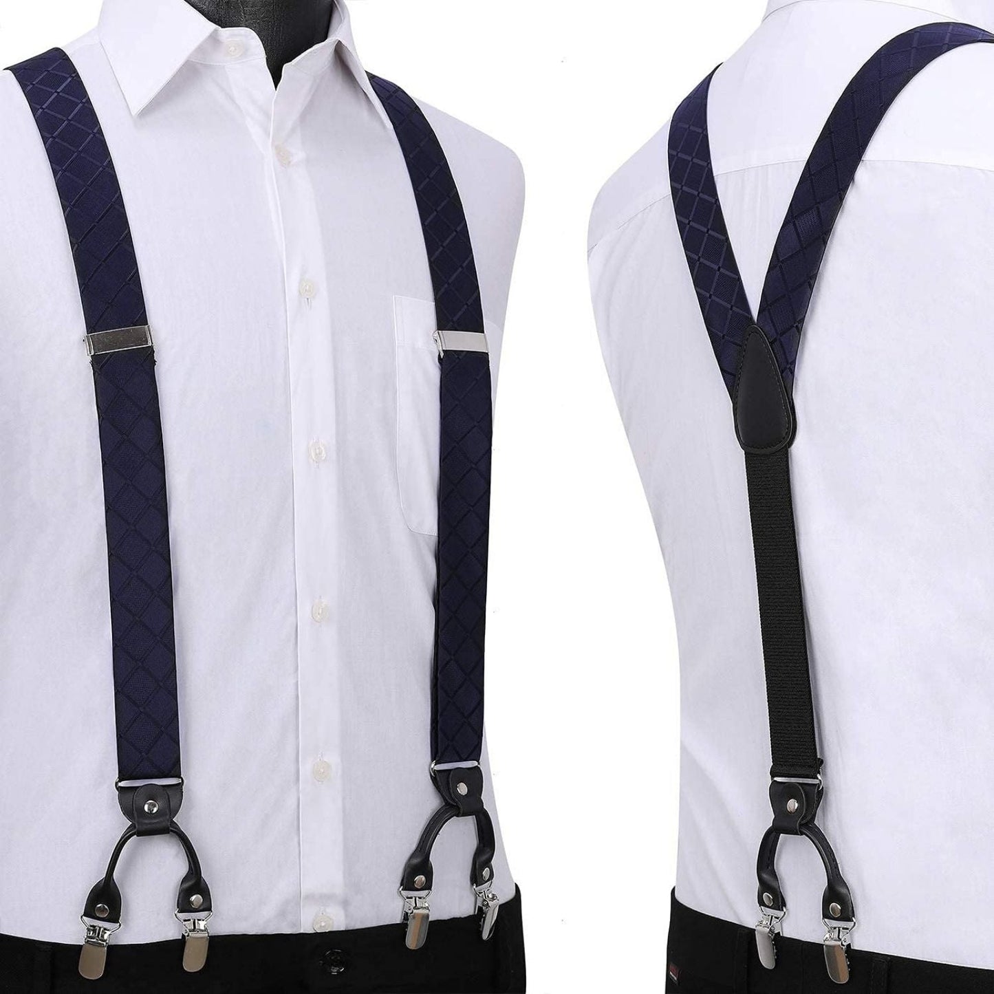 Hisdern Plaid Suspenders Bow Tie Set Navy Blue Pattern Accessories
