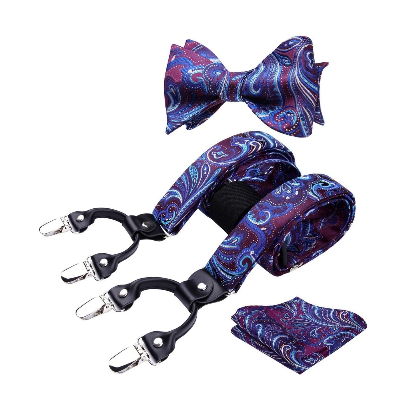 Hisdern Paisley Suspenders Bow Tie Set Purple Blue Formal Accessories