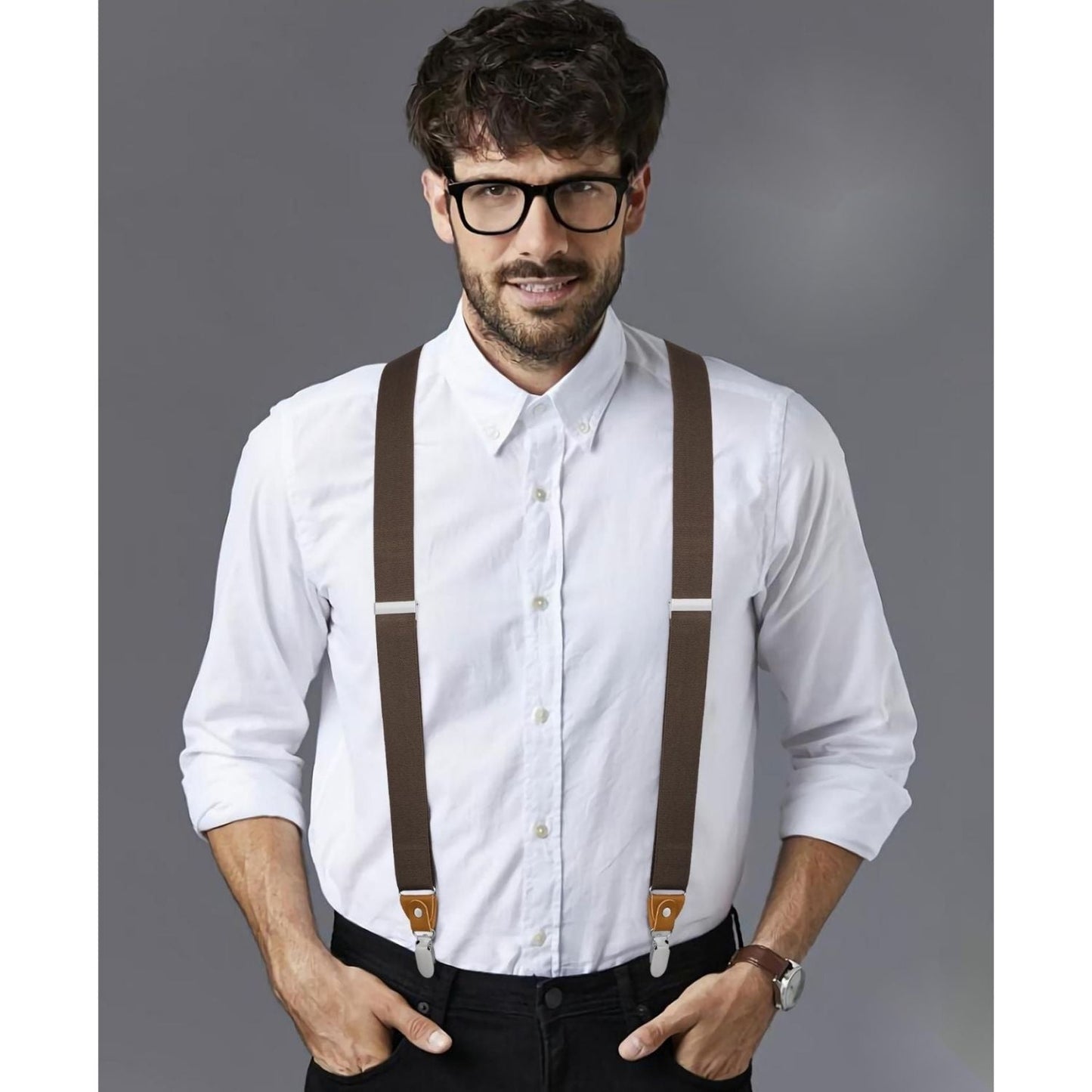 Hisdern Classic Brown Suspenders Y-Back Adjustable Fit for Men