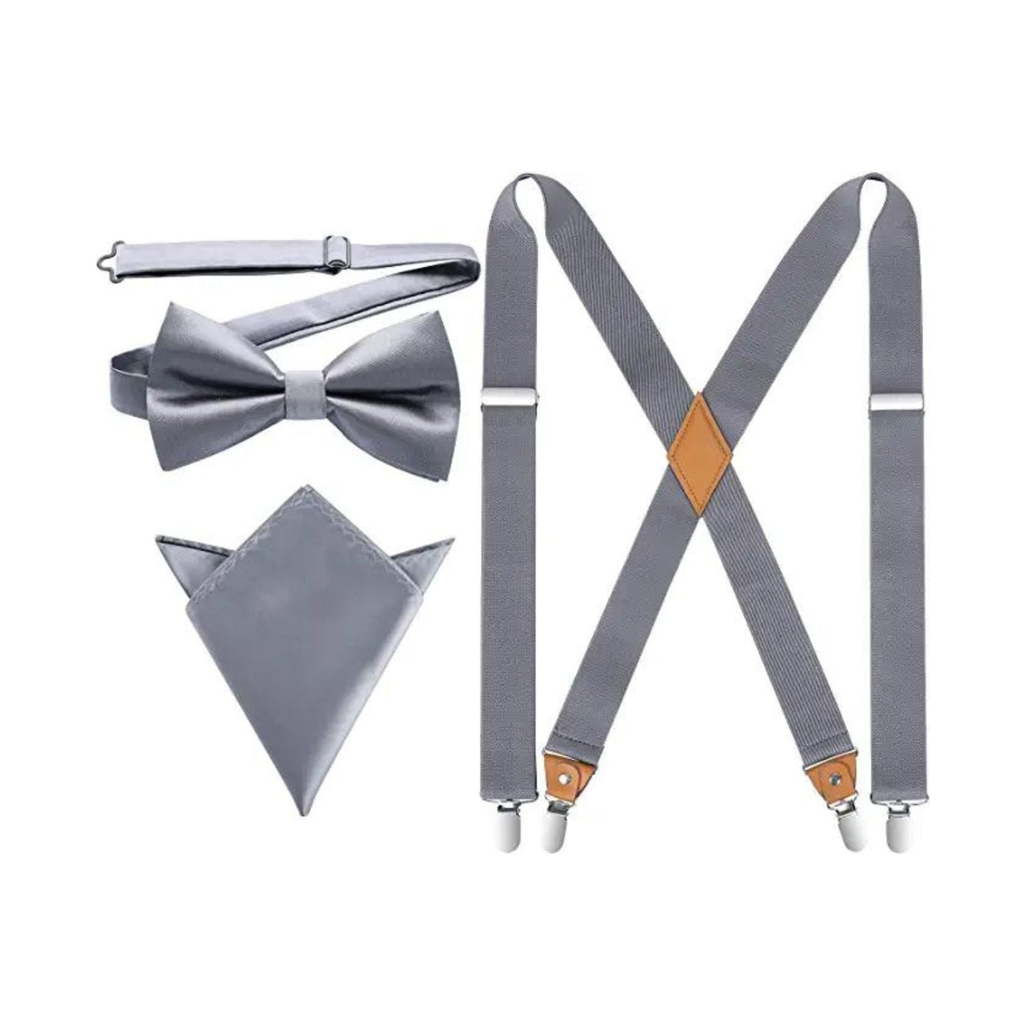 Hisdern Grey Solid Suspenders Pre-Tied Bow Tie Set Formal Wedding