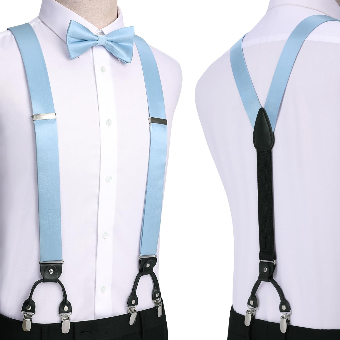 Hisdern Solid Suspenders Pre-Tied Bow Tie Set Baby Blue Formal Wedding Outfit
