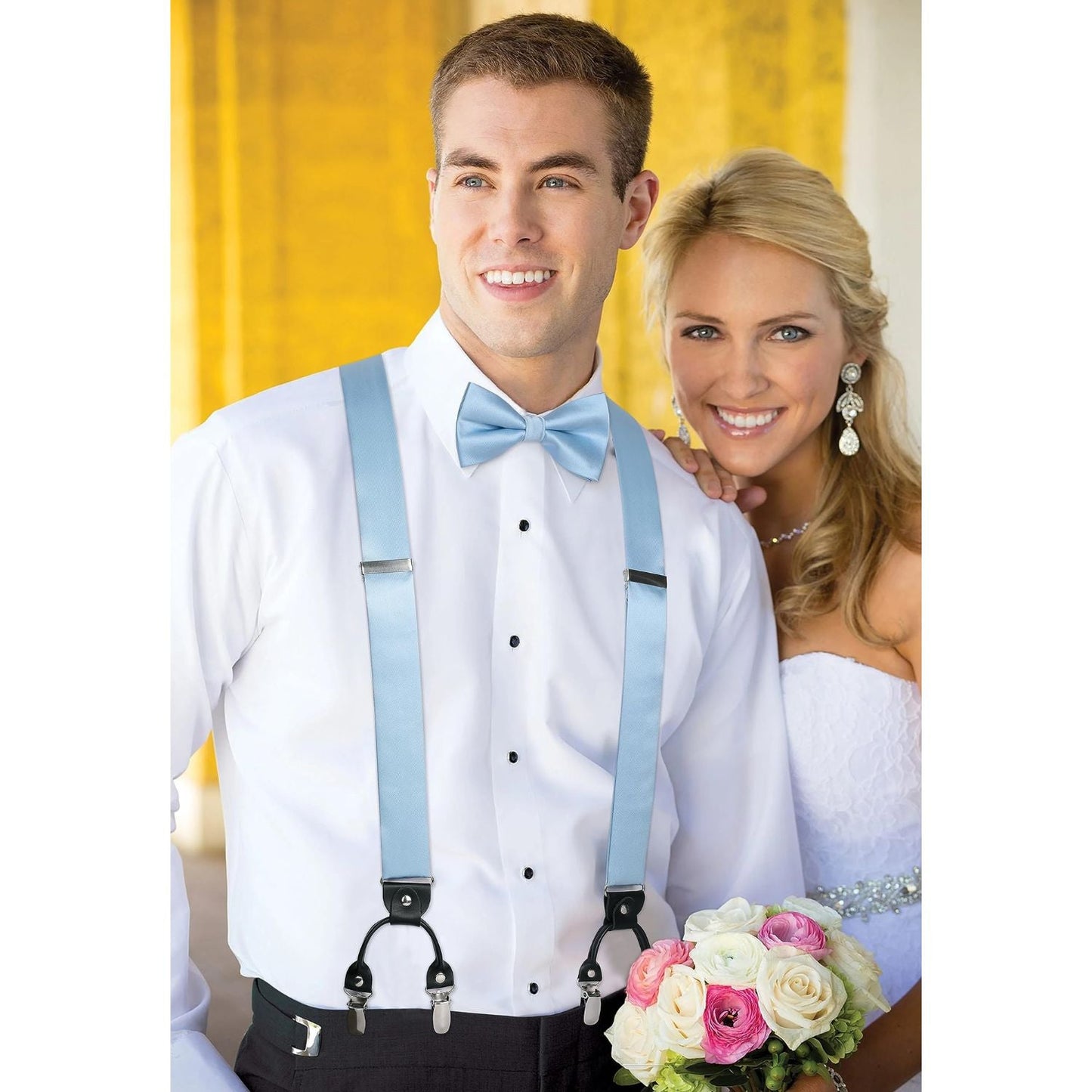Hisdern Solid Suspenders Pre-Tied Bow Tie Set Baby Blue Formal Wedding Outfit