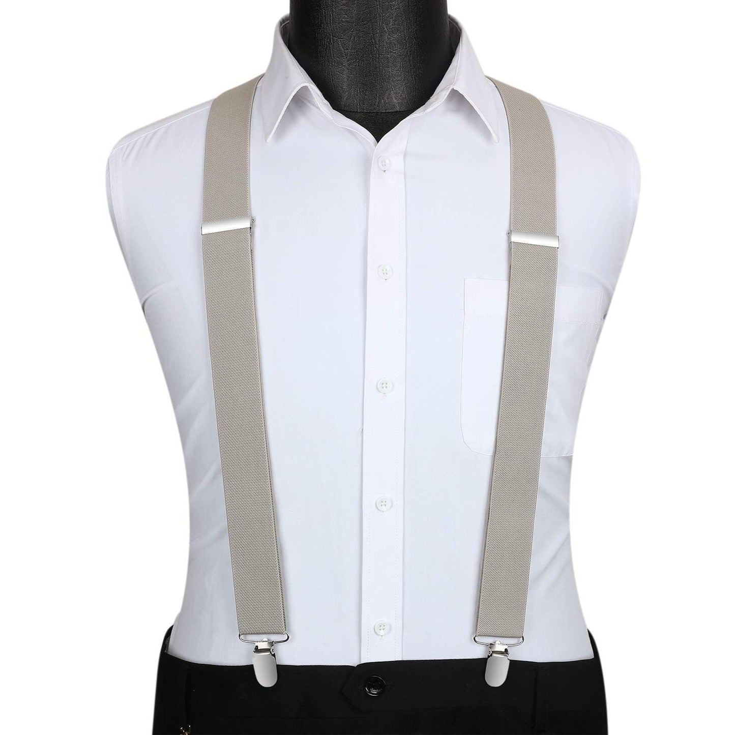 Hisdern 1.4 Inch Adjustable Suspender Khaki with 4-Clip for Formal Pants
