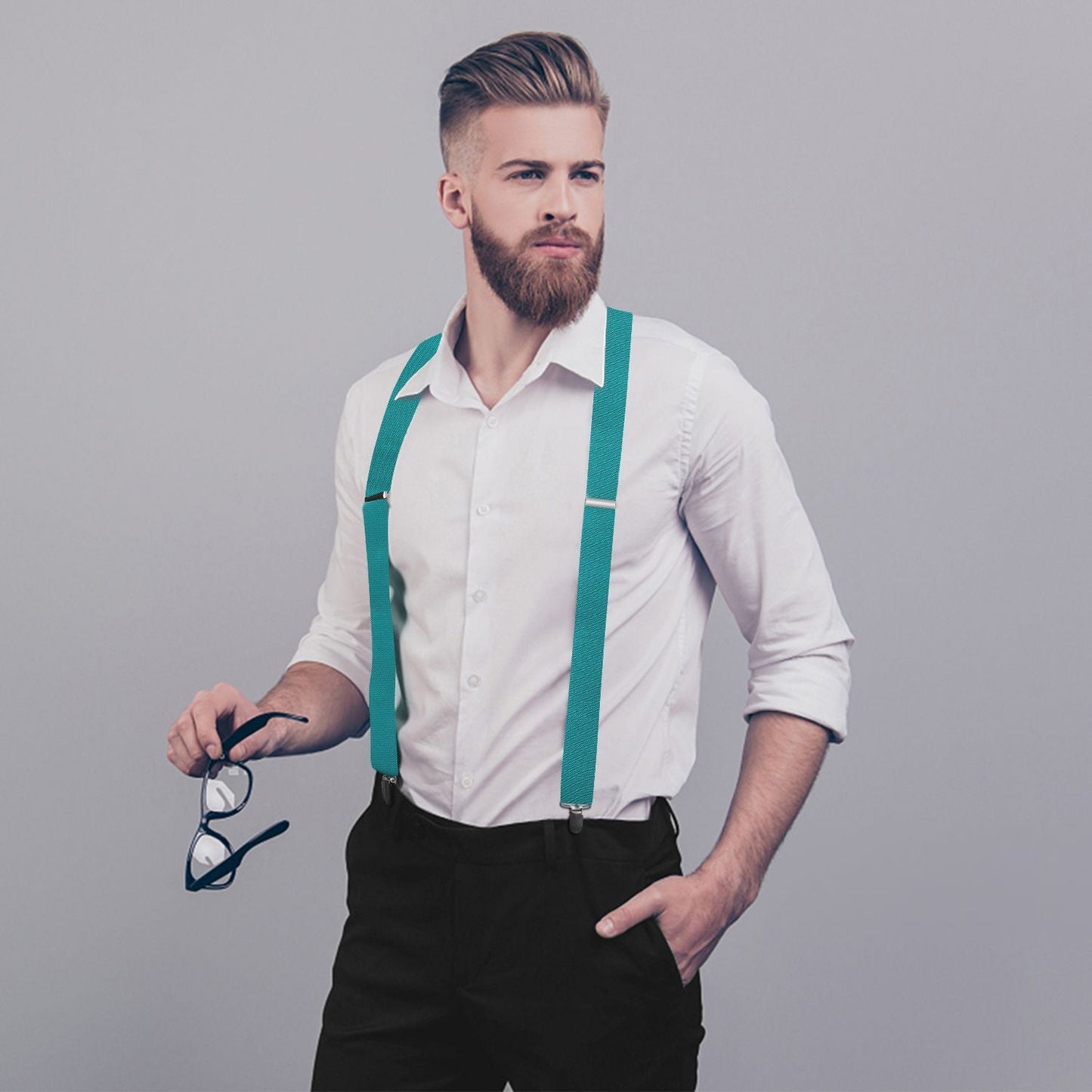 Hisdern Aqua Solid Suspenders Pre-Tied Bow Tie Set Formal Wedding