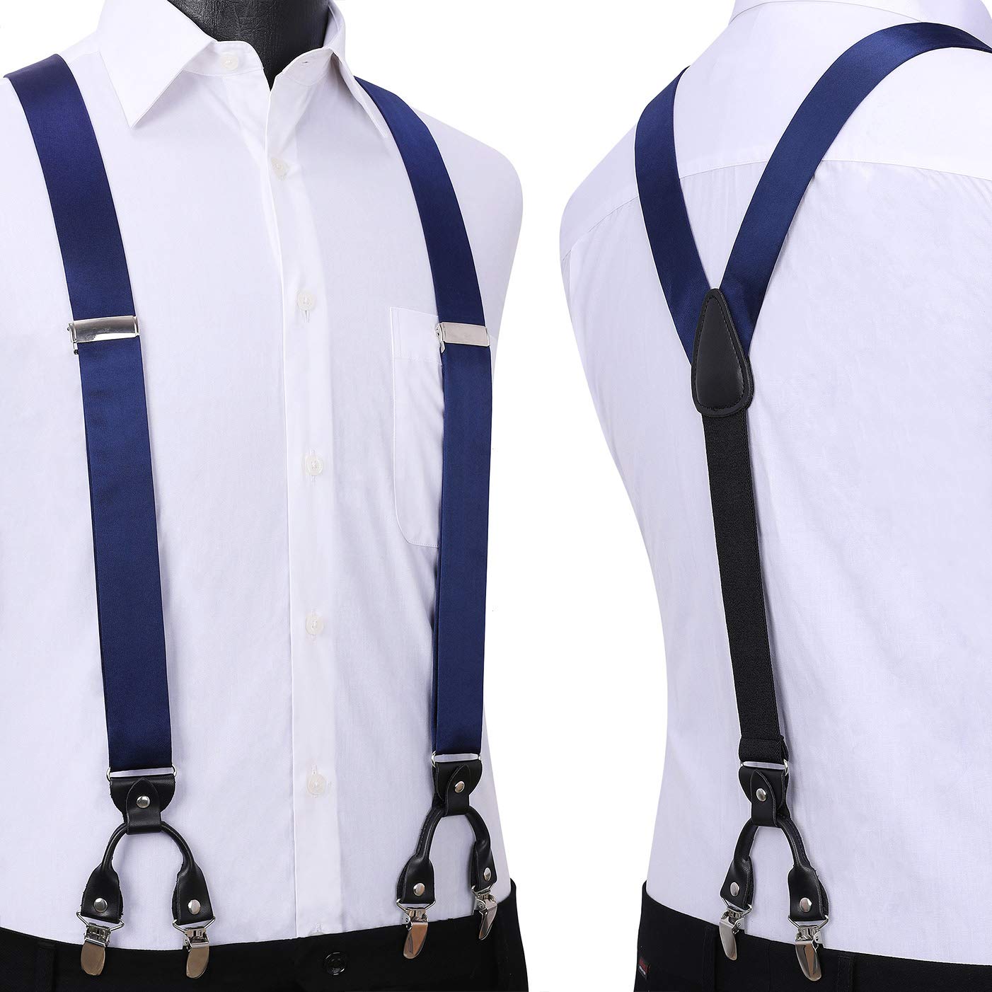 Hisdern Solid Suspenders Pre-Tied Bow Tie Set Navy Blue Formal Wedding Outfit