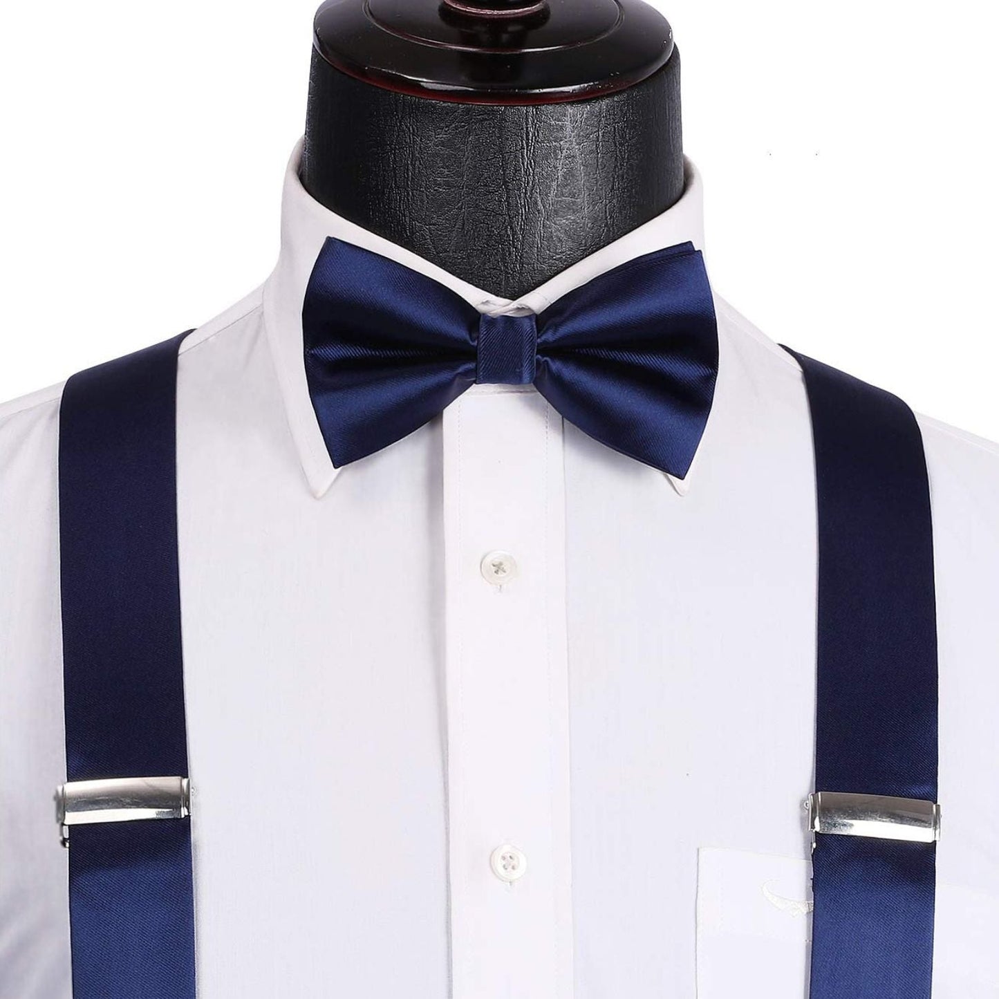Hisdern Solid Suspenders Pre-Tied Bow Tie Set Navy Blue Formal Wedding Outfit