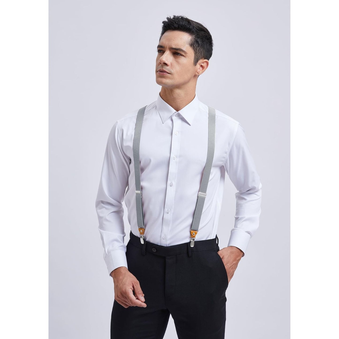 Hisdern 1.0 Inch Adjustable Suspender Grey with 4-Clip for Formal Pants