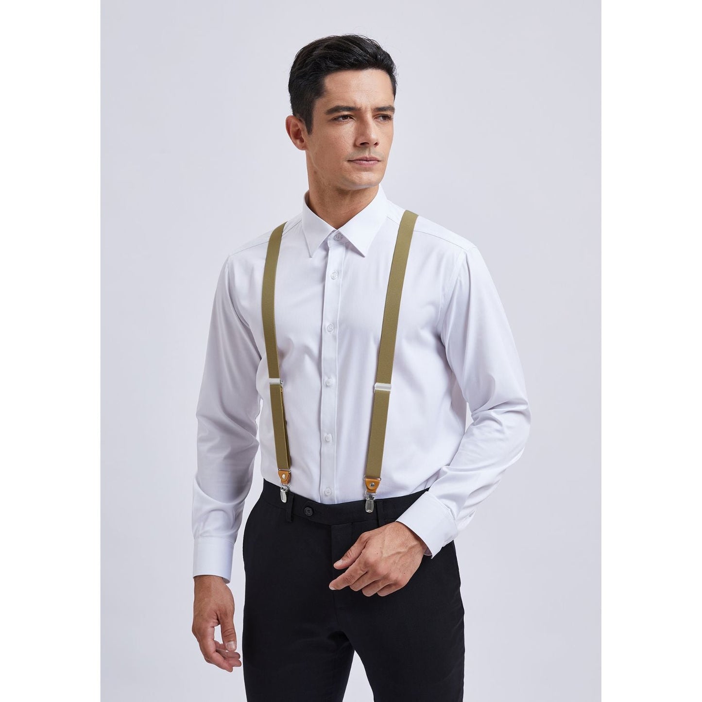Hisdern 1.0 Inch Adjustable Suspender Khaki with 4-Clip for Formal Pants
